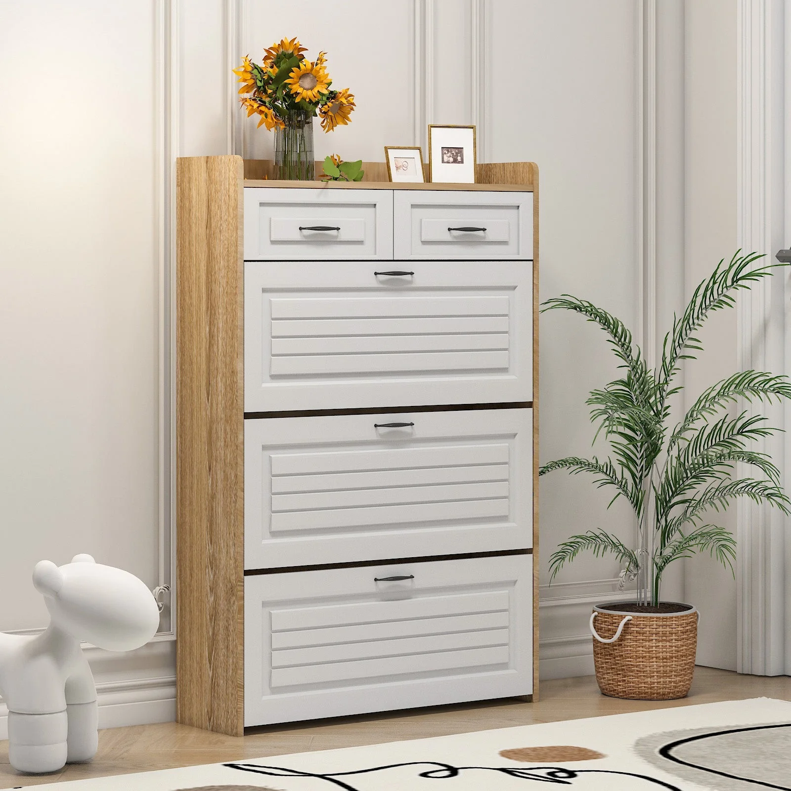 Shoe Cabinet Rotating Shoe Rack with 3 Doors and 2 Drawers Wood - Image 6