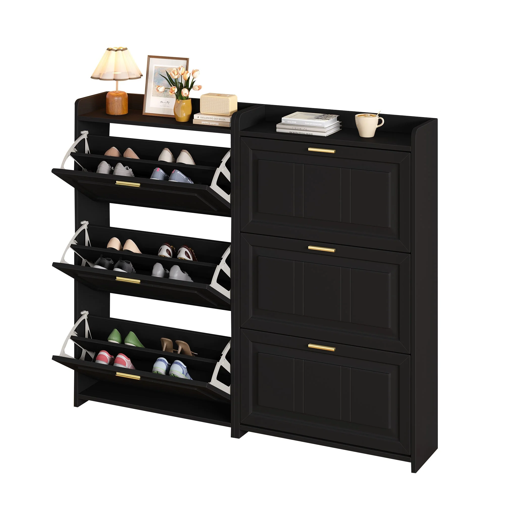 Shoe Cabinet Set with 6 Compartments and 2-Piece Design, Black MDF and Chipboard - Image 5