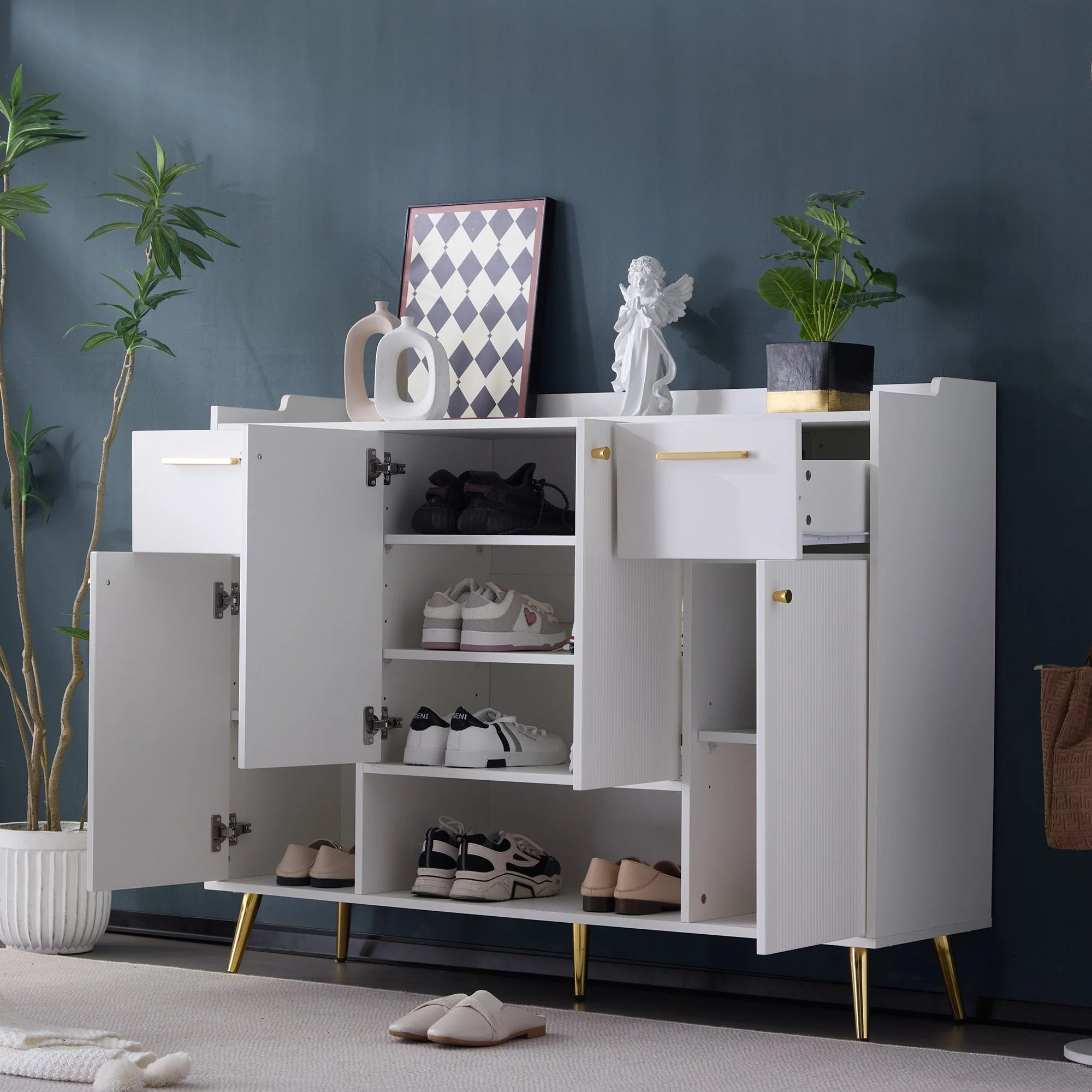 Shoe cabinet, shoe rack with 2 drawers and 4 doors, metal feet, white - Image 3