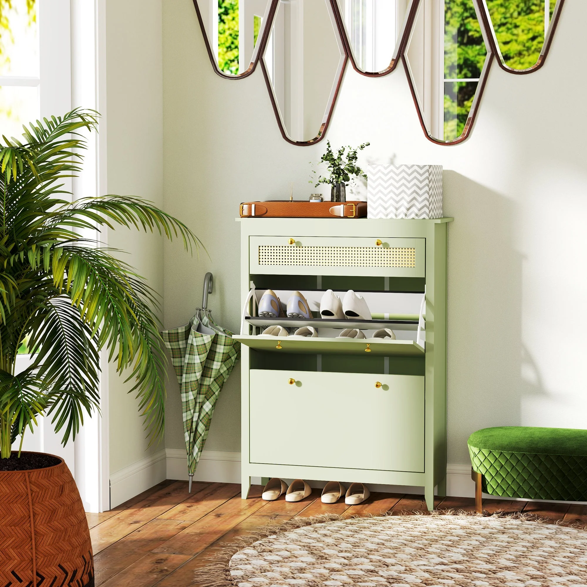 Shoe Cabinet with 2 Doors, Drawer, 12 Pairs, Green - Image 8
