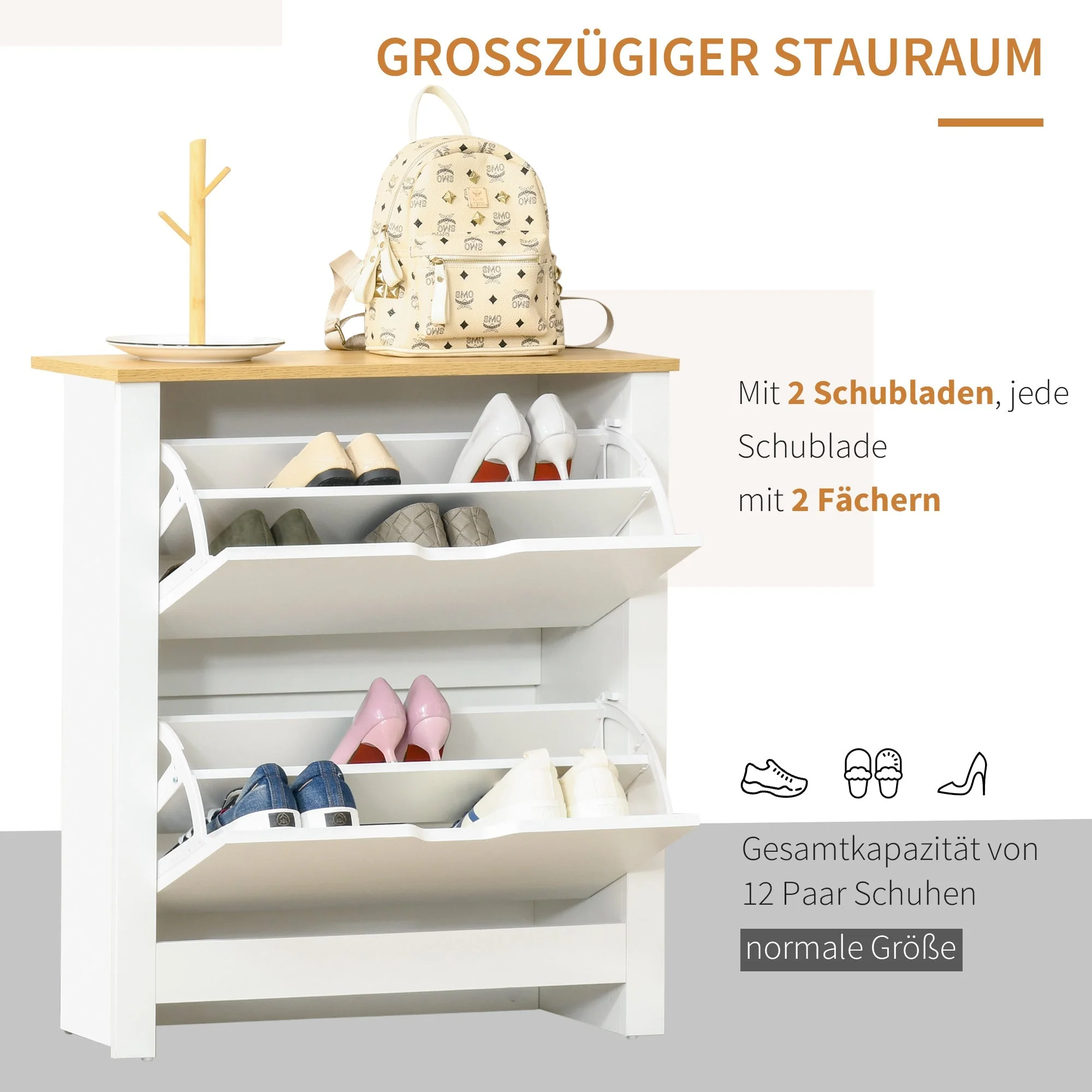 Shoe Cabinet with 2 Doors for 12 Pairs, White+Natural - Image 4