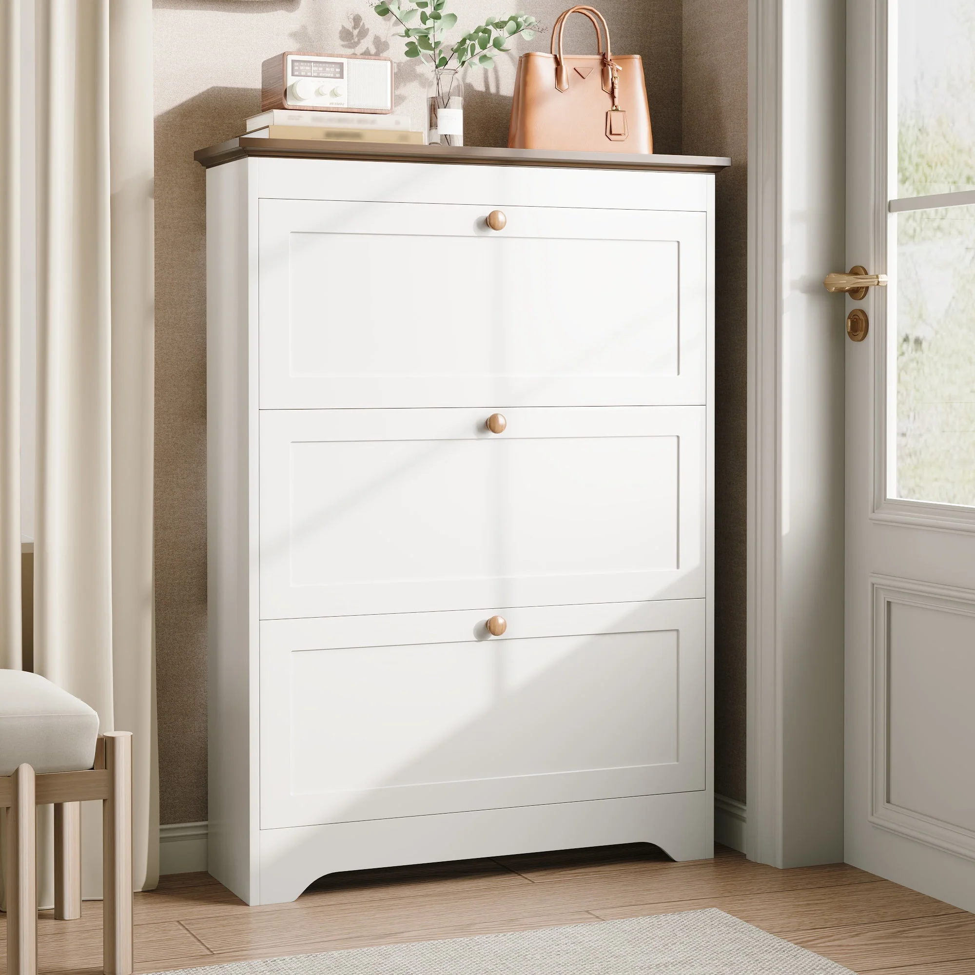 Shoe Cabinet with 3 Doors and Large Capacity, White Wood Look - Image 5
