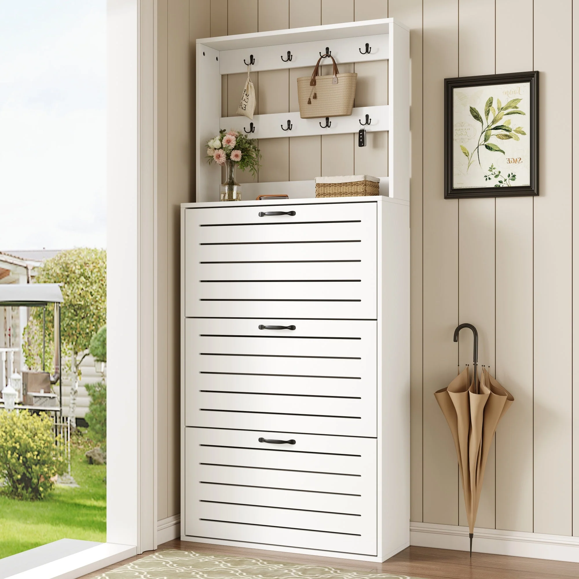 Shoe Cabinet with 3 Doors, Hooks, 15 Pairs Capacity - Image 7