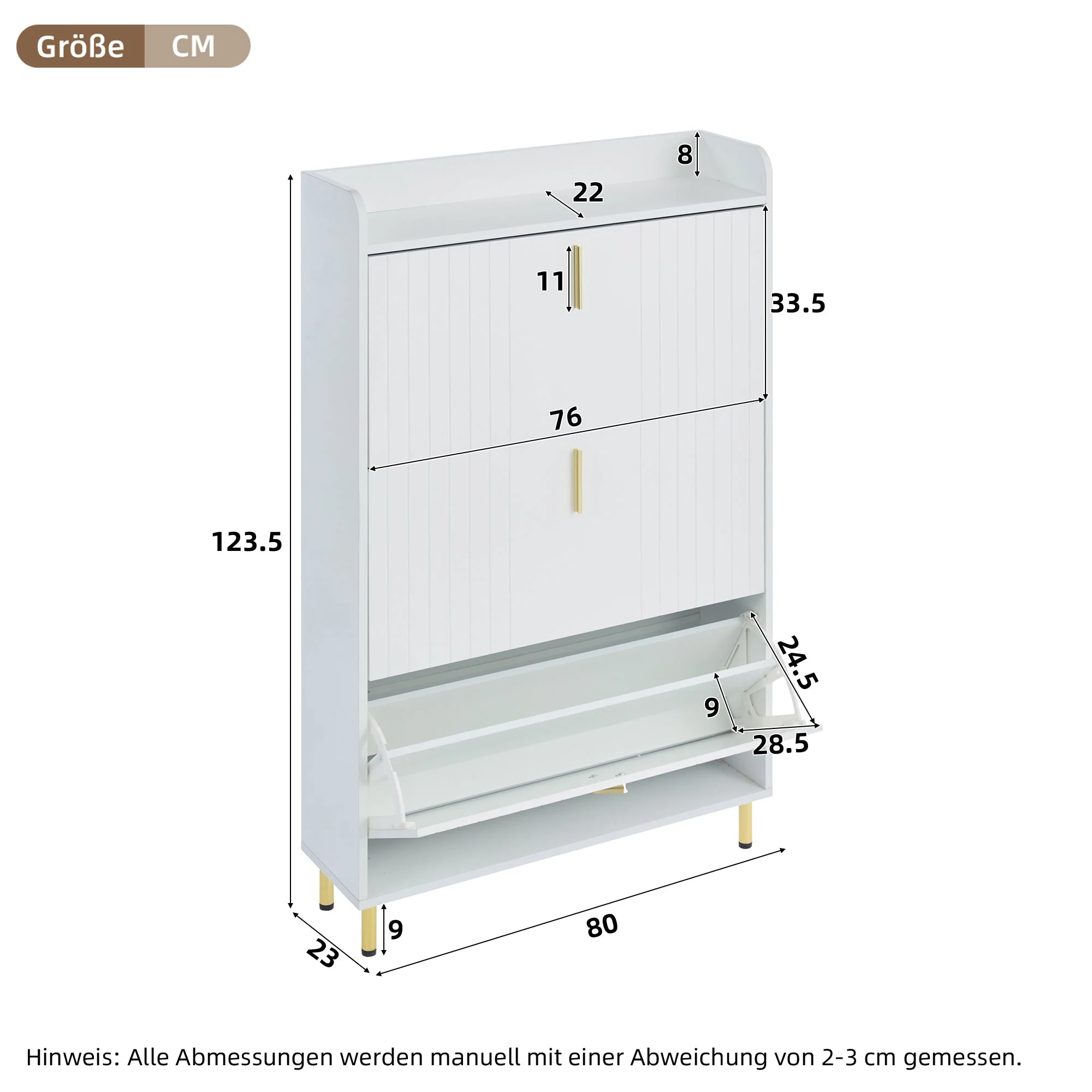Shoe Cabinet with 3 Doors, Narrow 6 Compartment Adjustable - White - Image 3