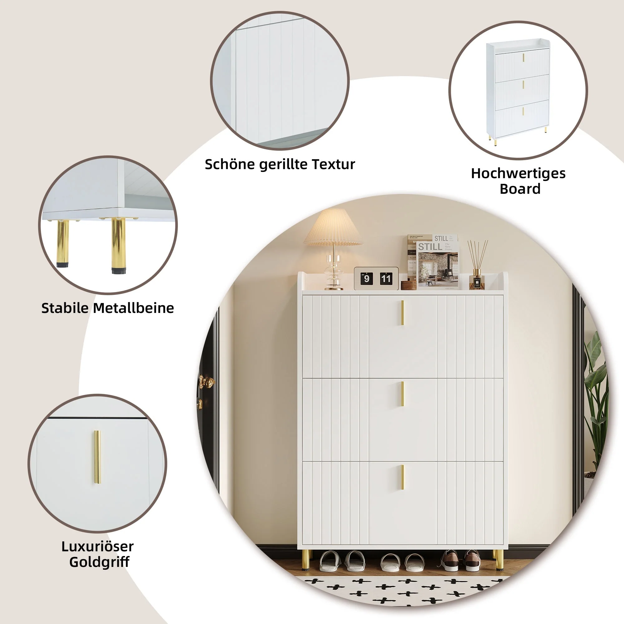 Shoe Cabinet with 3 Doors, Narrow 6 Compartment Adjustable - White - Image 6