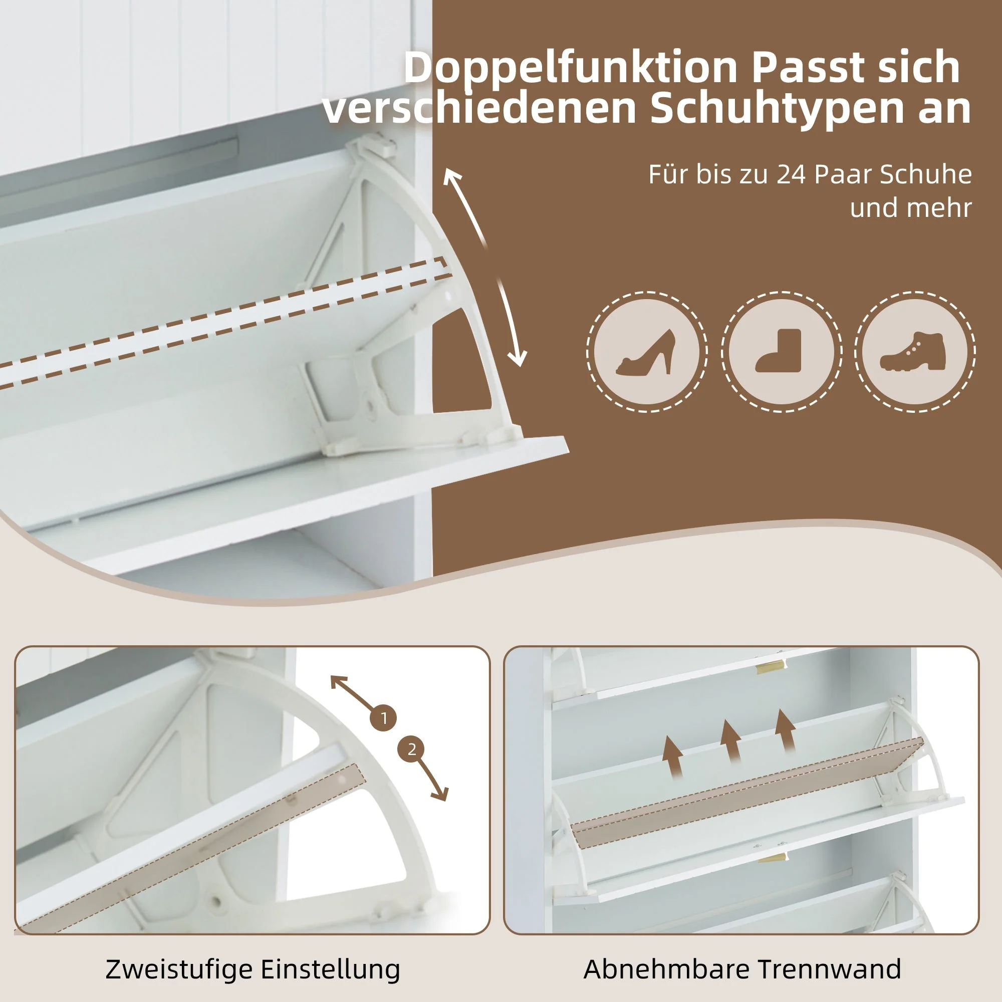 Shoe Cabinet with 3 Doors, Narrow 6 Compartment Adjustable - White - Image 7
