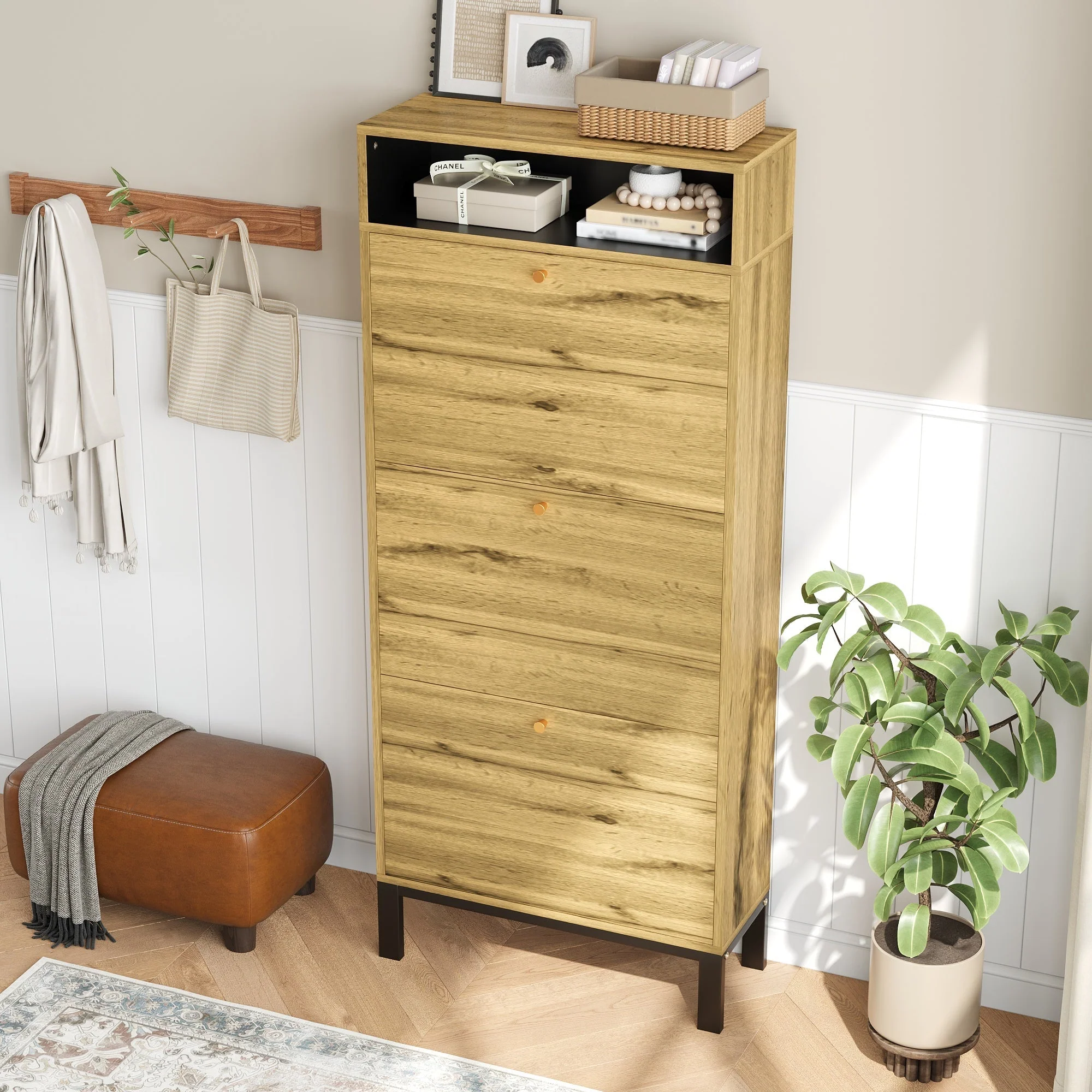 Shoe Cabinet with 3 Drawers and Additional Compartments, Tall and Narrow, Natural Wood Look - Image 5