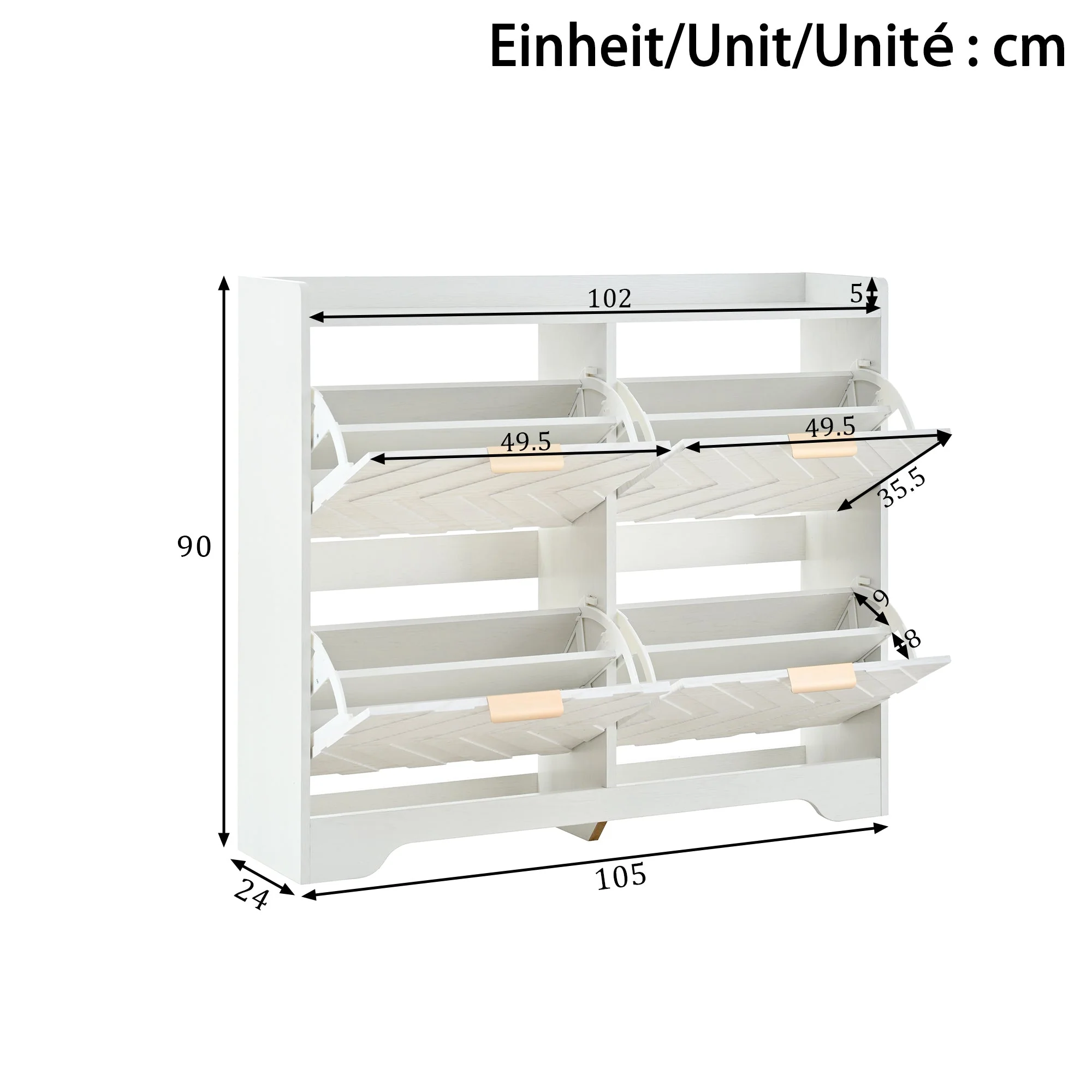 Shoe Cabinet with 4 Flip Drawers, 3D Textured Front and Top Shelf, White Particle Board - Image 5