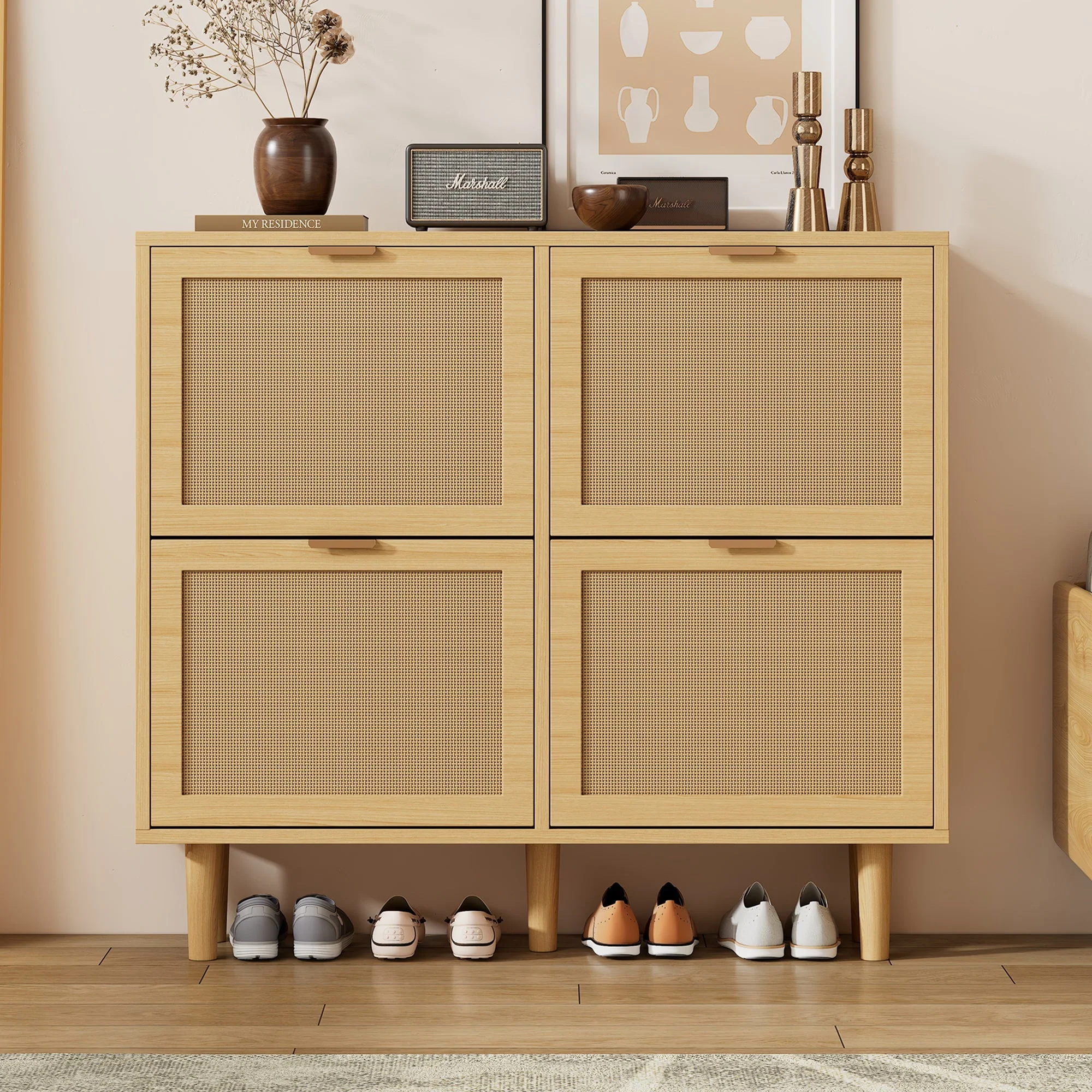 Shoe Cabinet with 4 Folding Drawers, Rattan and Wooden - Image 4