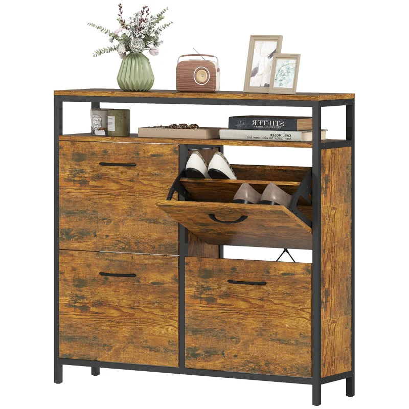 Shoe cabinet with 4 folding drawers, slim design, open shelf, steel, brown - Image 2