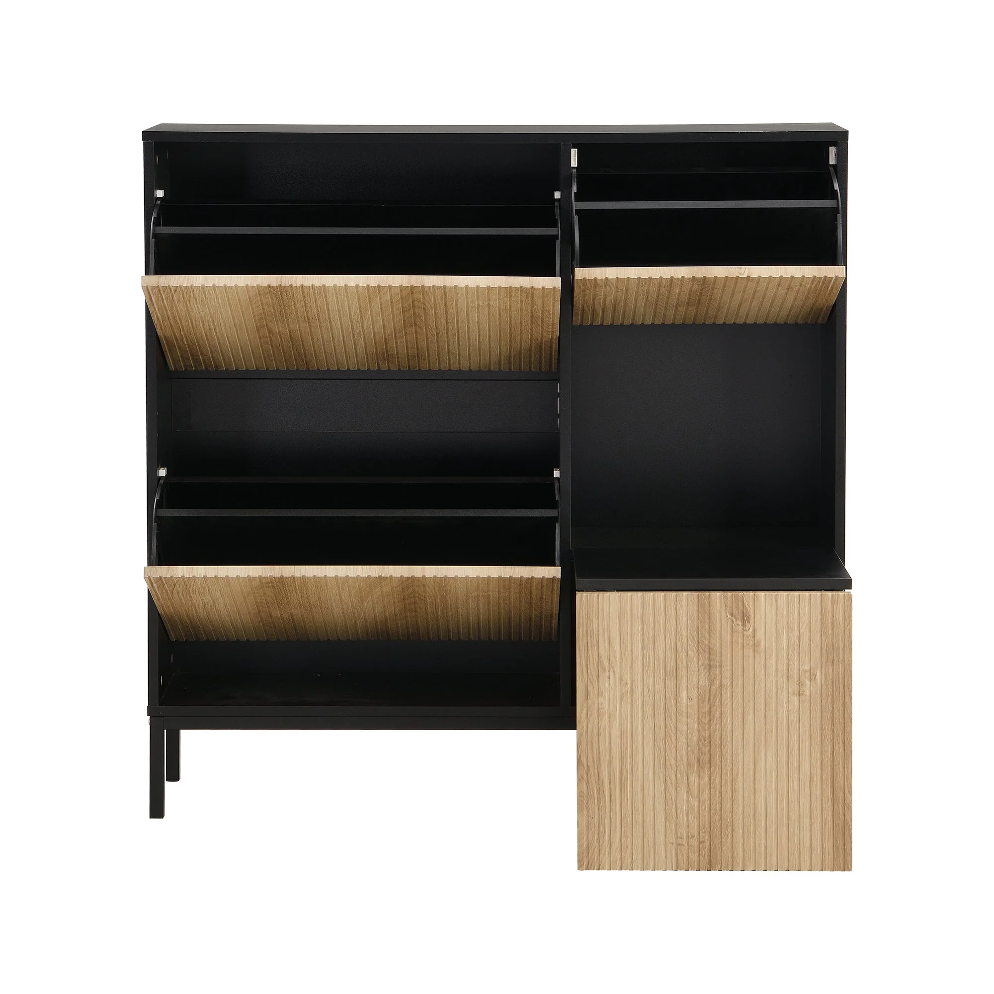 Shoe Cabinet with Changing Stool, 3 Flaps & Open Storage, Black + Wood Color - Image 10