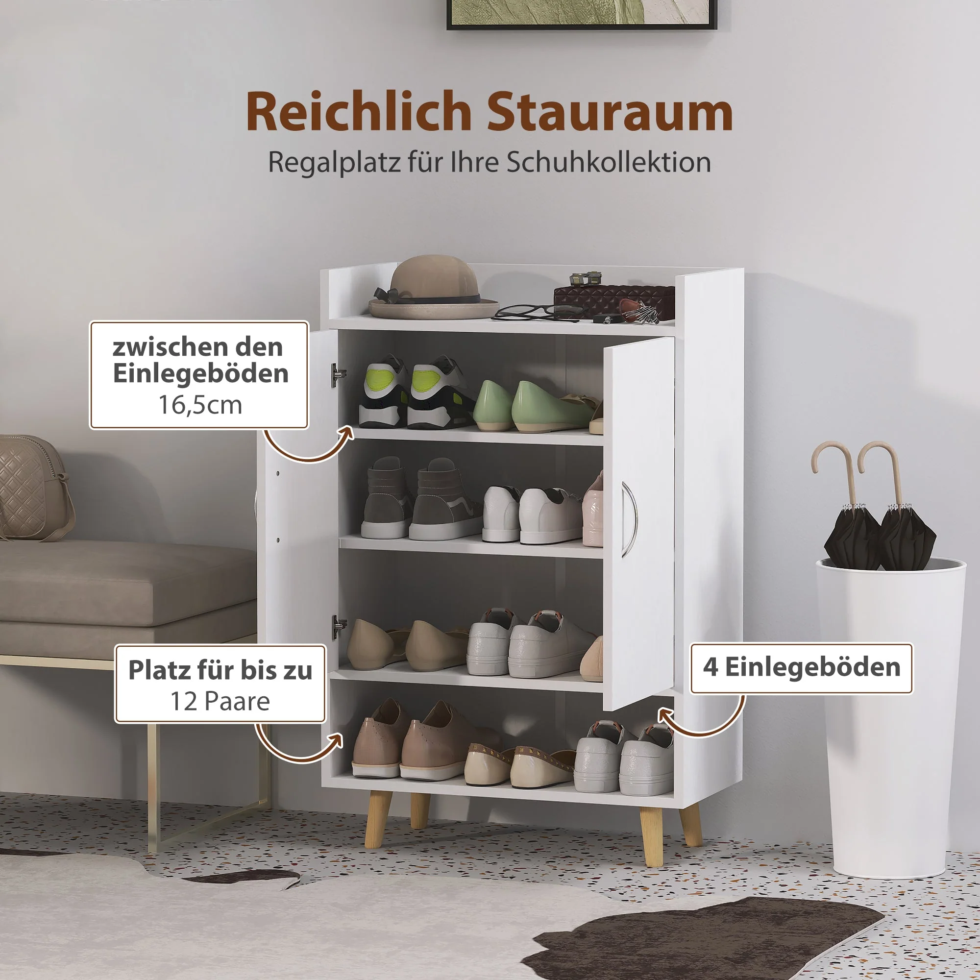 Shoe Cabinet with Doors and Shelves, Holds 12 Shoes, White Wood - Image 4