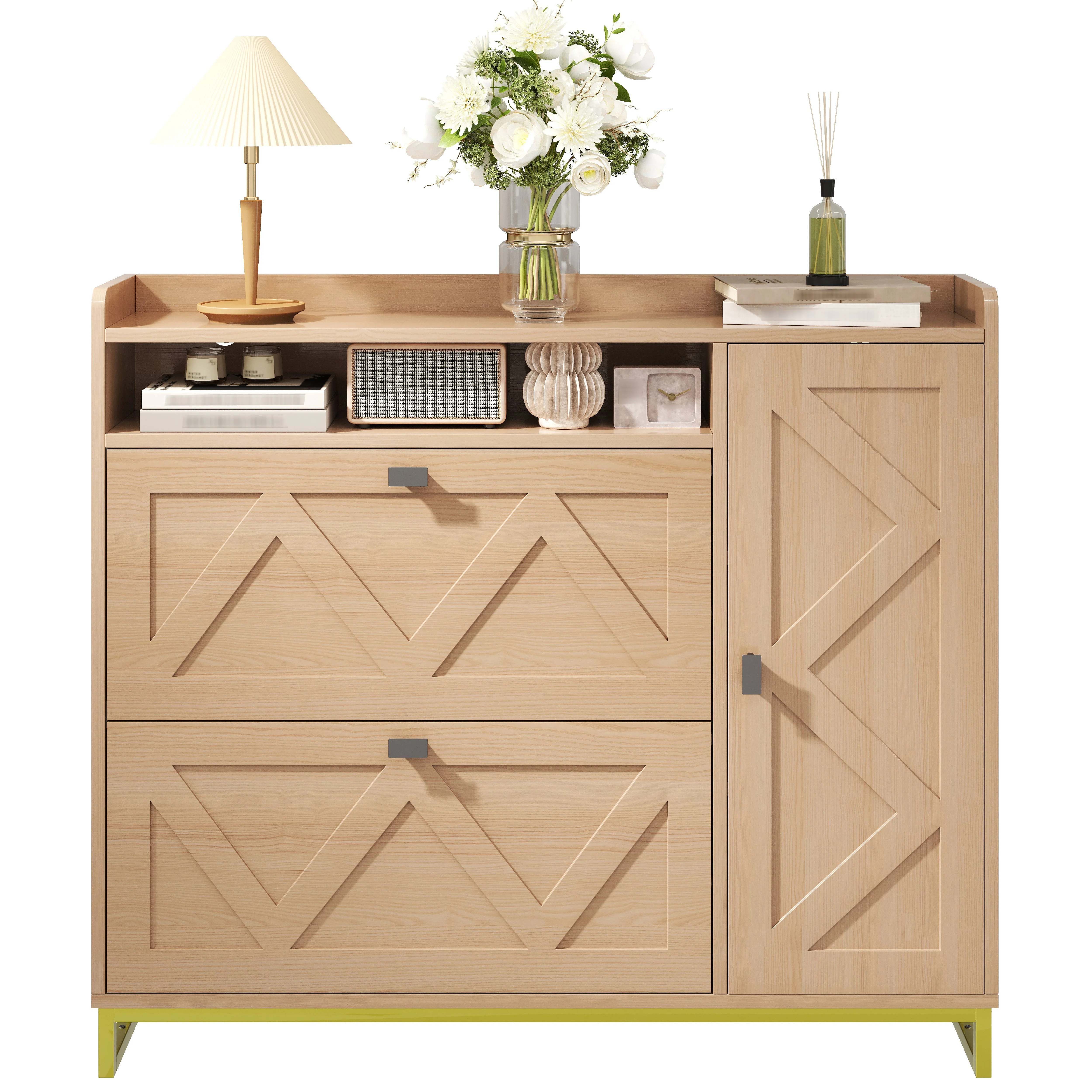 Shoe Cabinet with Double Hinged Lid, Side Cabinet and Geometric Doors, Metal Frame - Image 2