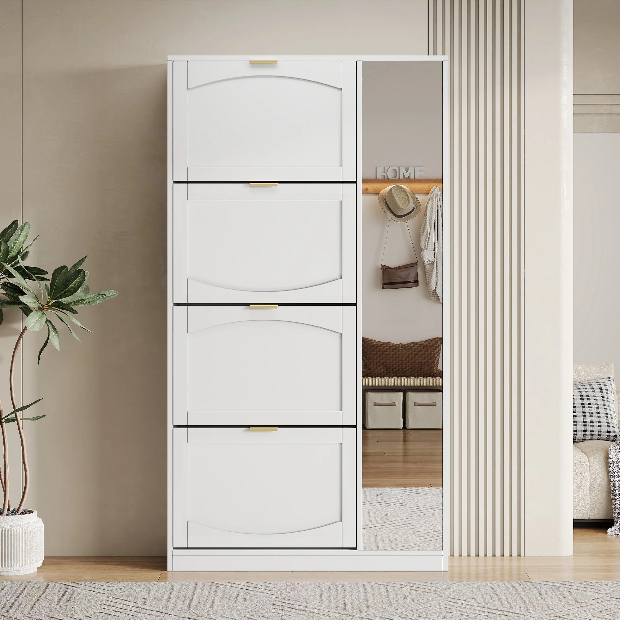 Shoe Cabinet with Mirror 4 Drawers Adjustable Shelf 80x147x24cm - White - Image 2
