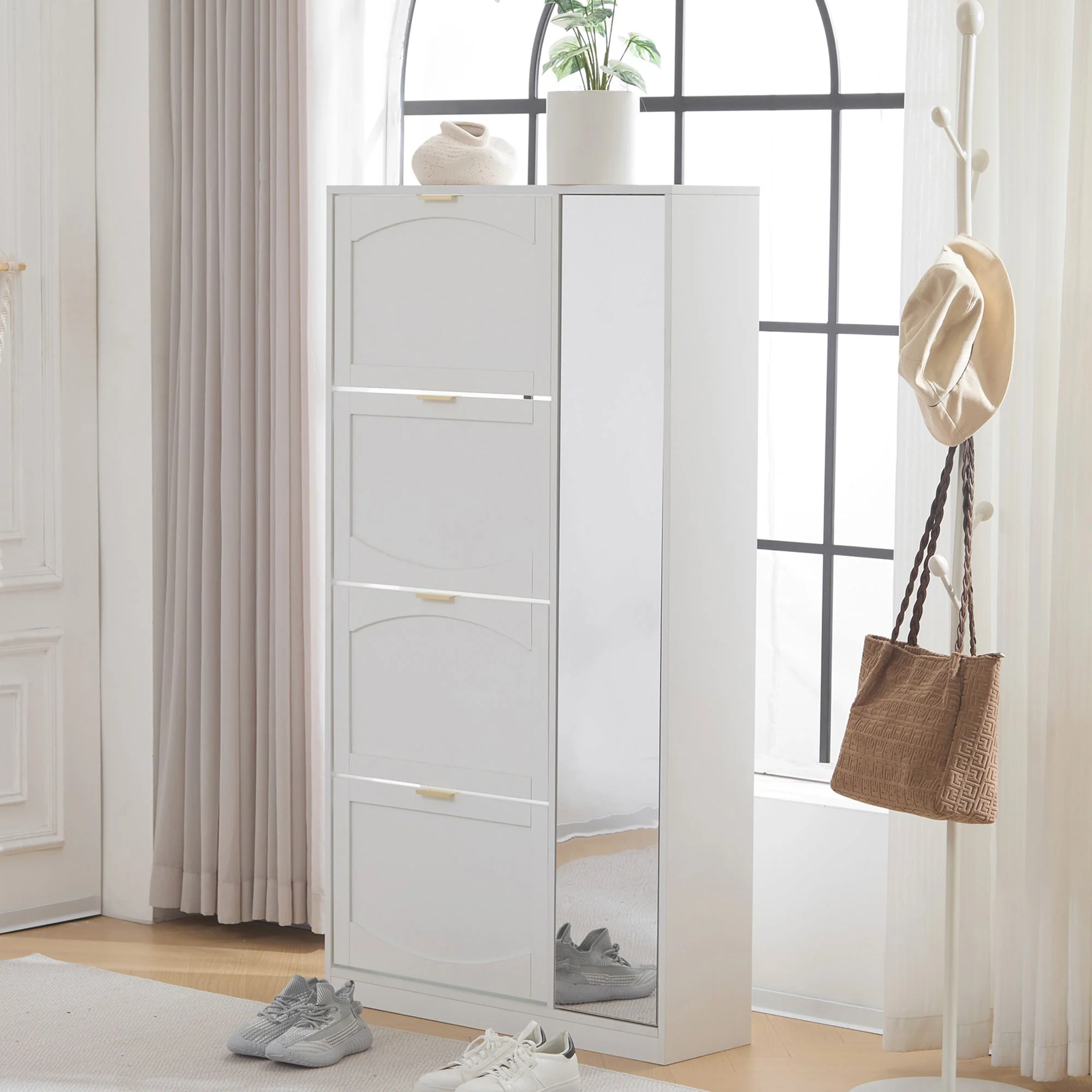 Shoe Cabinet with Mirror 4 Drawers Adjustable Shelf 80x147x24cm - White - Image 8