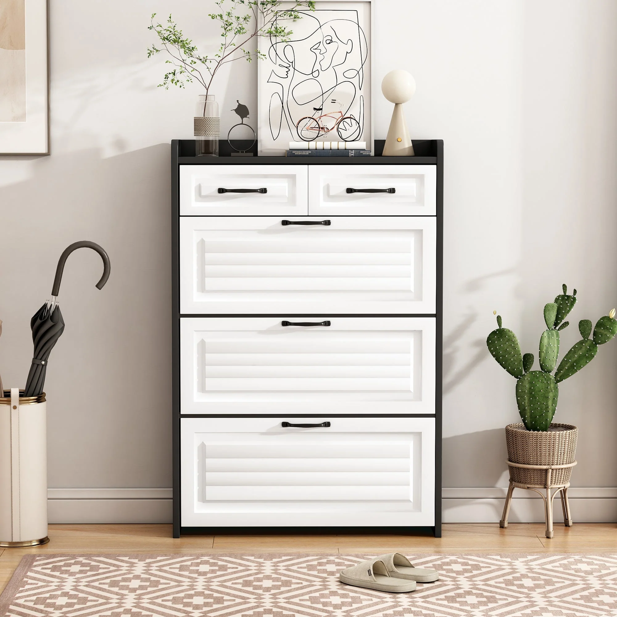 Shoe Cabinet with Rotating Rack 3 Doors 2 Drawers W80cm Wooden - Image 2