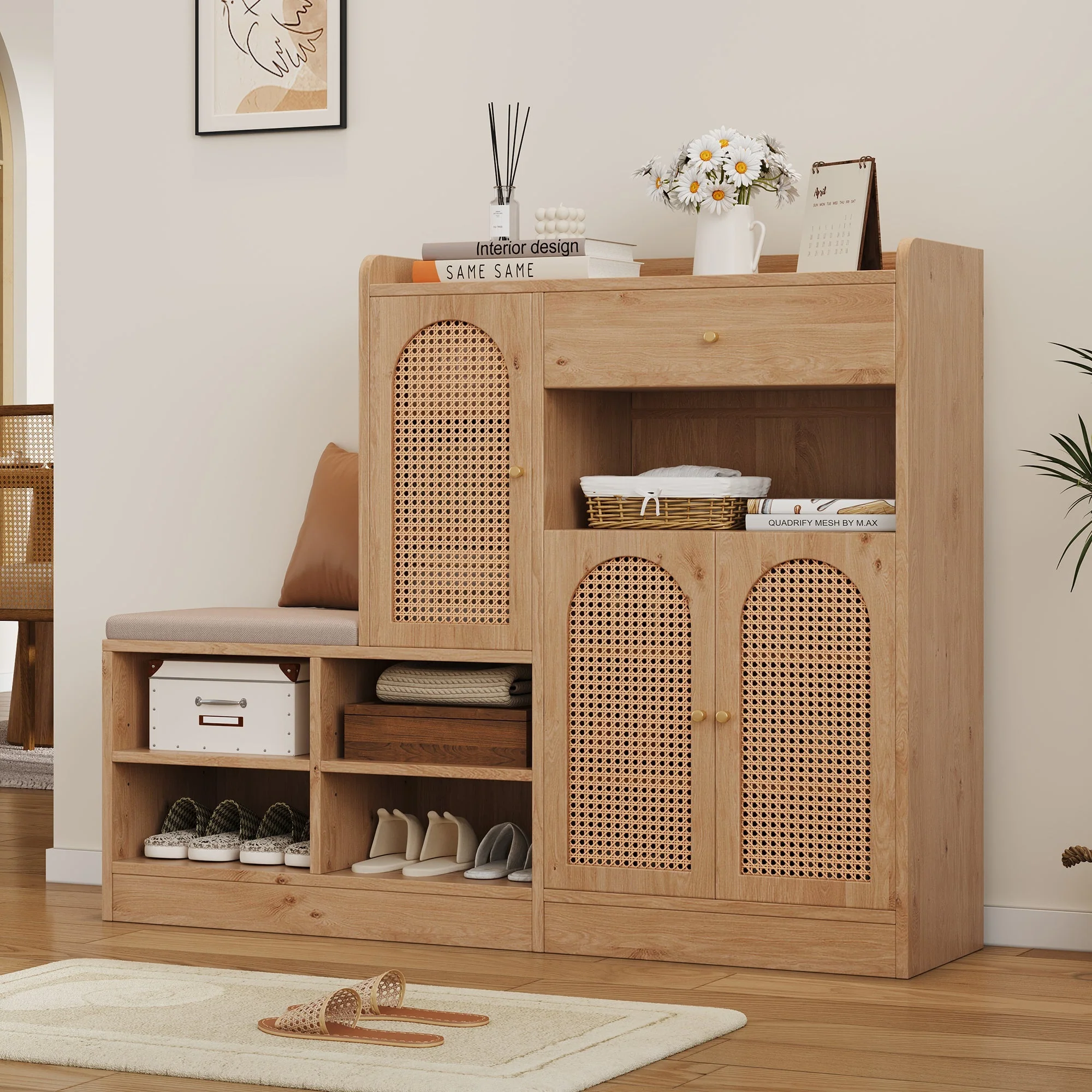 Shoe Cabinet with Upholstered Bench, 3 Rattan Doors and 1 Drawer, Wood Look - Image 5