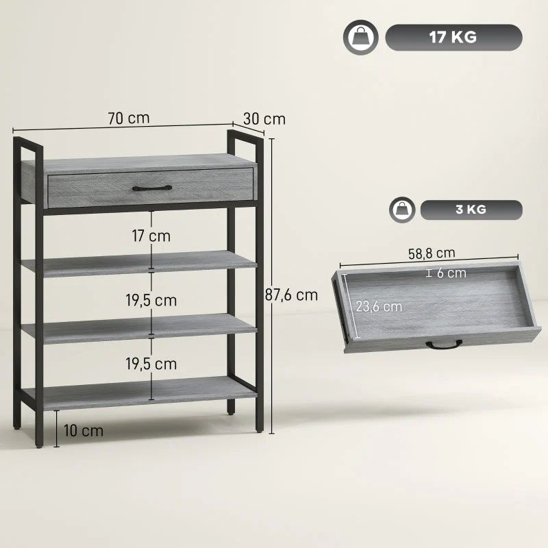 Shoe Rack 4-Tier, 9 Pairs, Chipboard Metal, Grey - Image 3