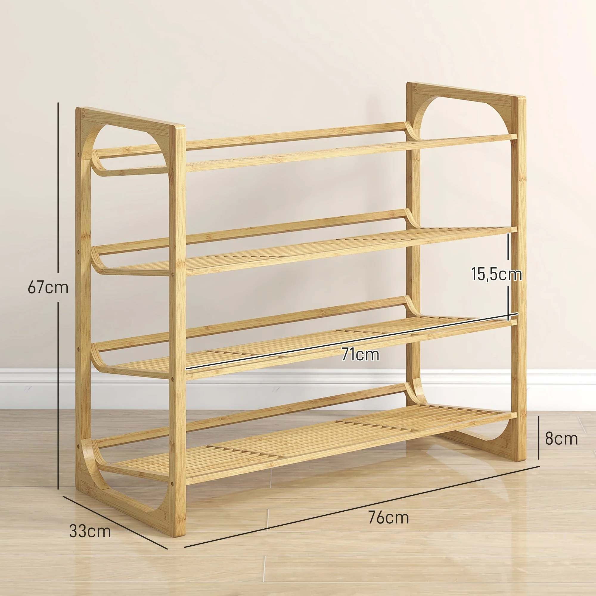 Shoe Rack, 4 Tiers, 12 Pairs, Bamboo Natural - Image 3