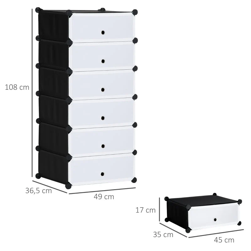 Shoe Rack Shelf for 6 Pairs of Shoes, Modular DIY, Plastic Black+White - Image 3
