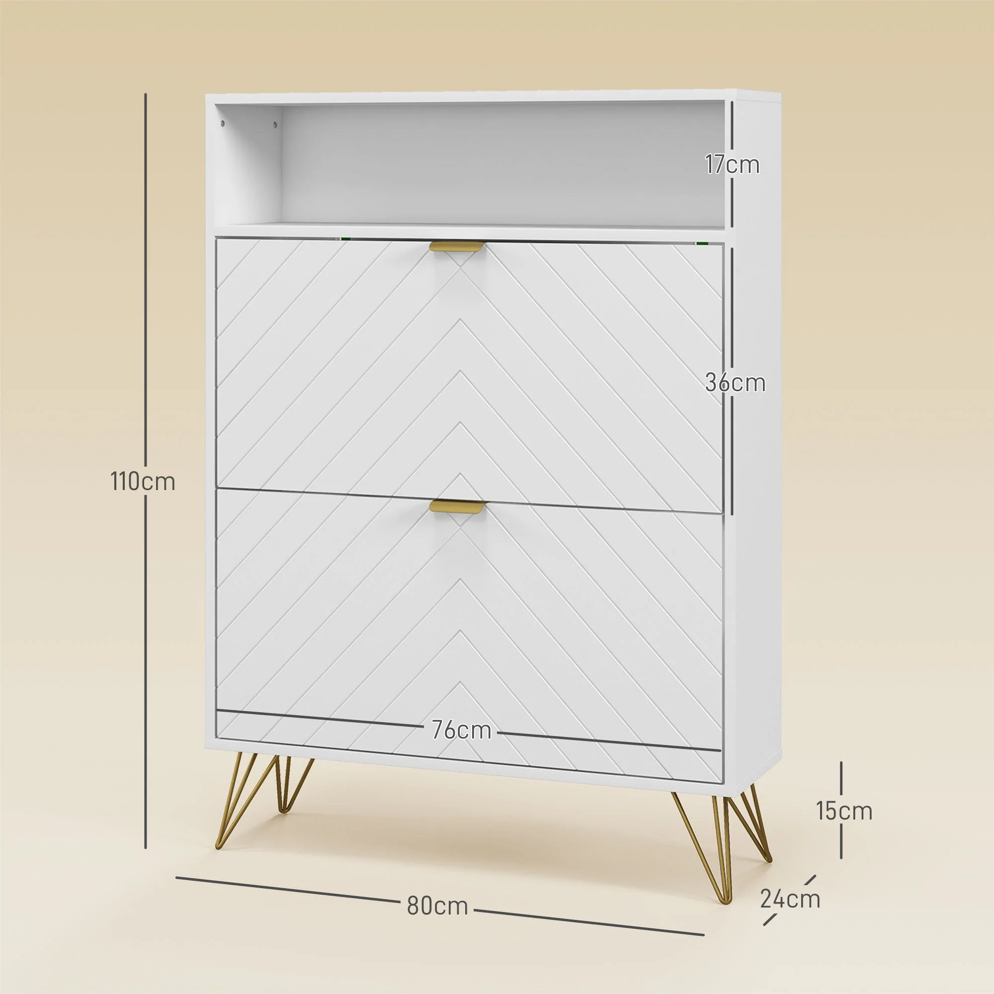 Shoe Storage Cabinet, 12 Pair Capacity with Chevron Indents and Gold Accents - White - Image 3