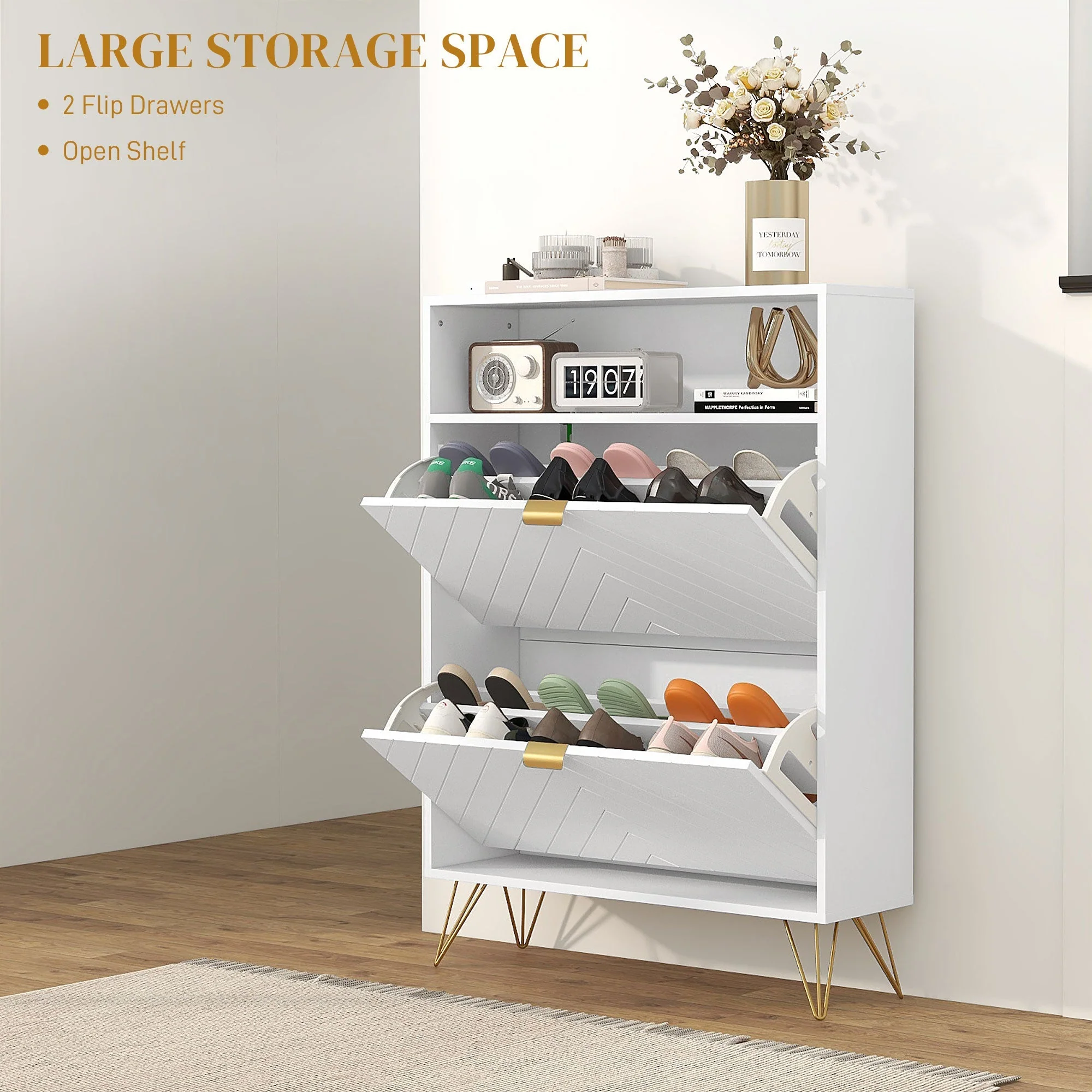 Shoe Storage Cabinet, 12 Pair Capacity with Chevron Indents and Gold Accents - White - Image 4