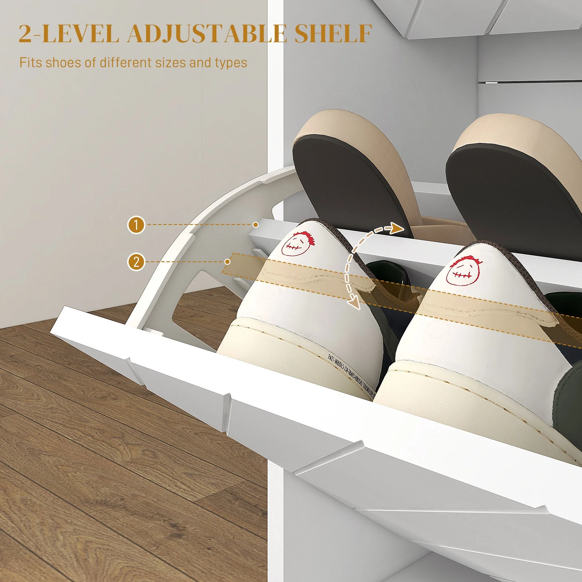 Shoe Storage Cabinet, 12 Pair Capacity with Chevron Indents and Gold Accents - White - Image 5