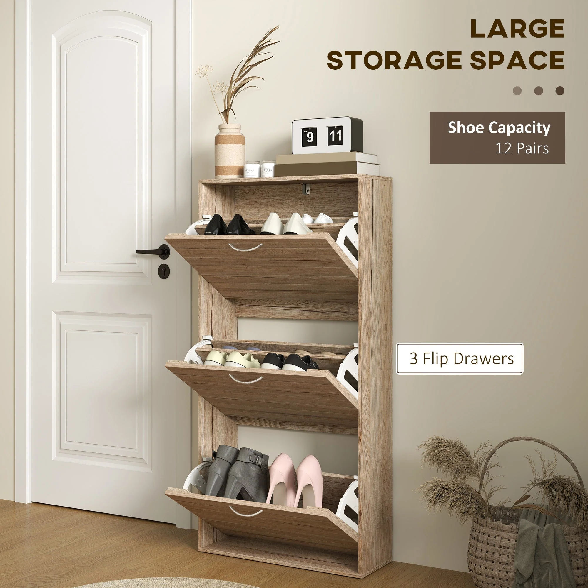 Shoe Storage Cabinet, 12-Pair Flip Drawer, Brown Wood-Effect - Image 4