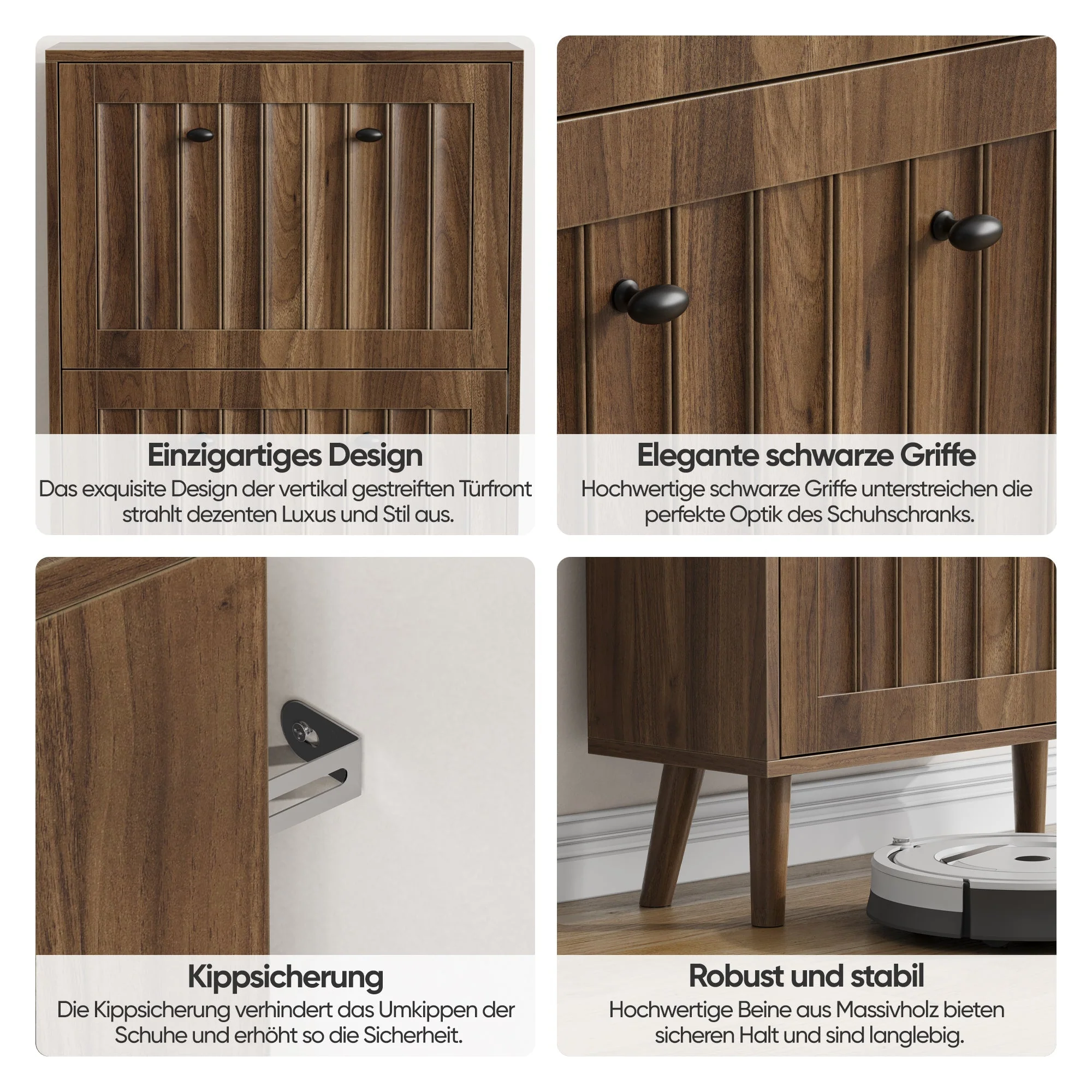 Shoe Storage Cabinet with Vertically Grooved Surface and Medieval Style, 60cm High, Walnut - Image 7