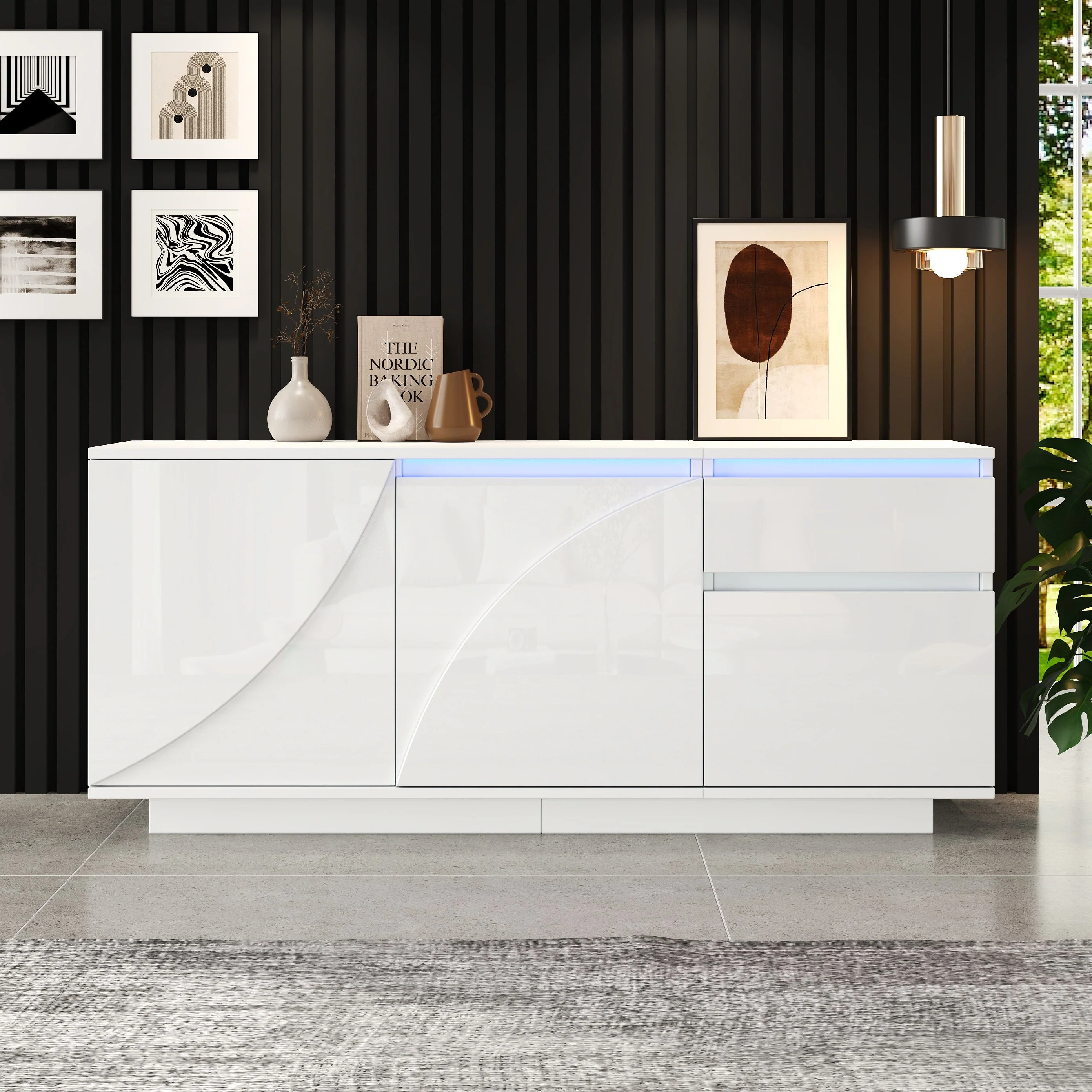 Side Cabinet, 140x40x60cm 3 Cabinets 1 Drawer Adjustable Shelves LED High-Gloss, MDF White - Image 4