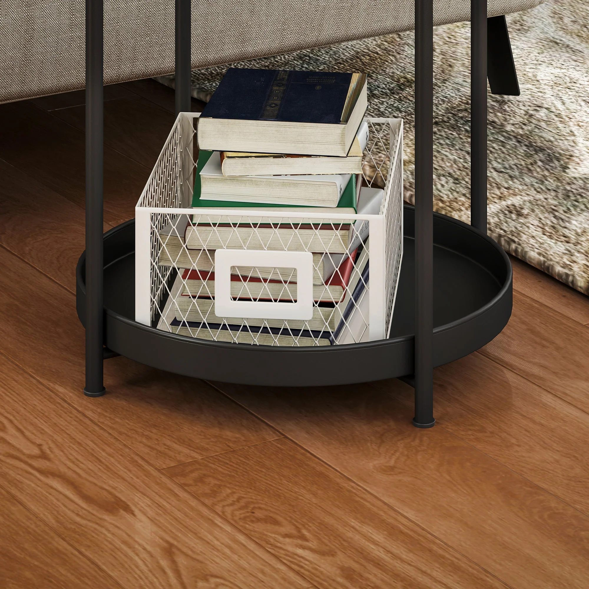 Side Table, 2 Shelves Round Coffee Table, Steel Black - Image 8