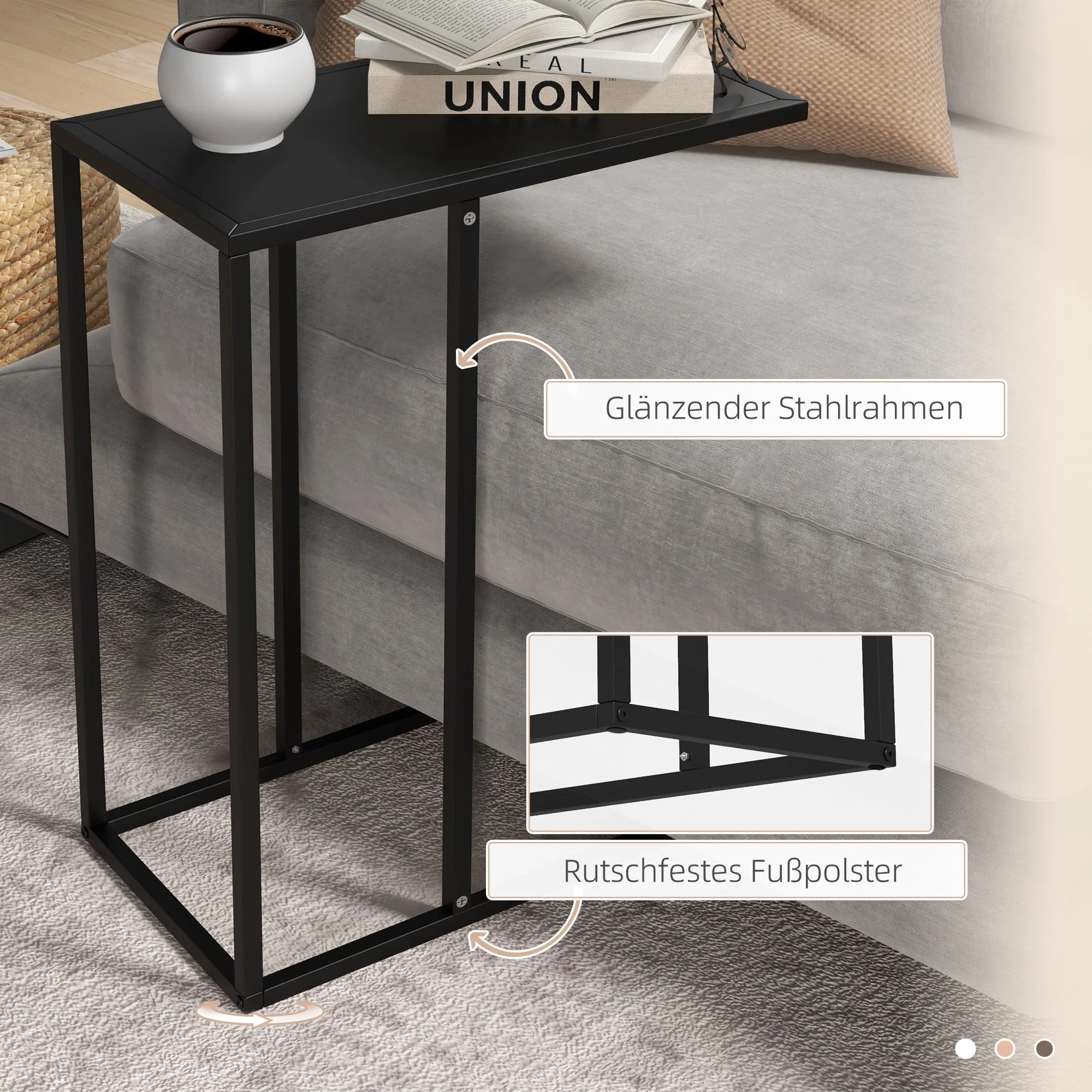 Side Table C-Shaped Laptop Bedside with Steel Frame, Black - Image 6