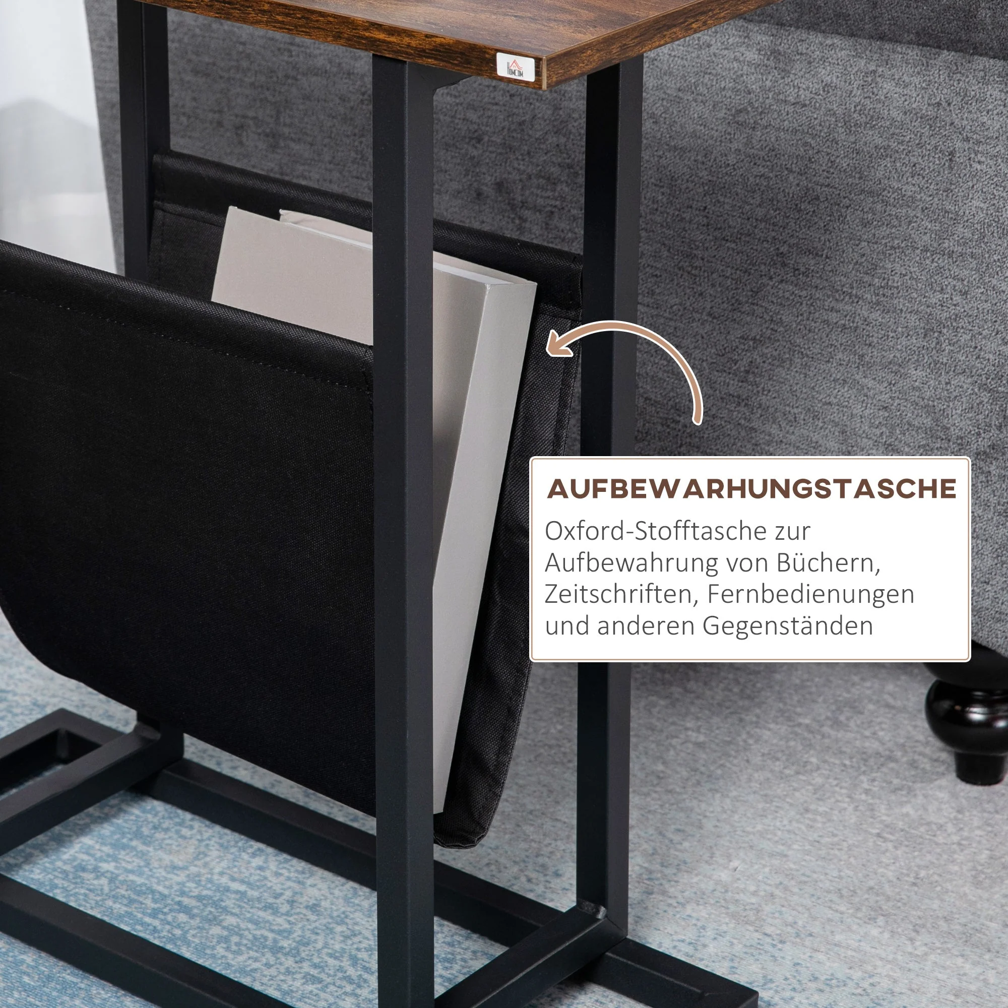 Side Table Coffee Table Nightstand, Fabric Bag Steel Frame, Dark Brown and Black - Image 5