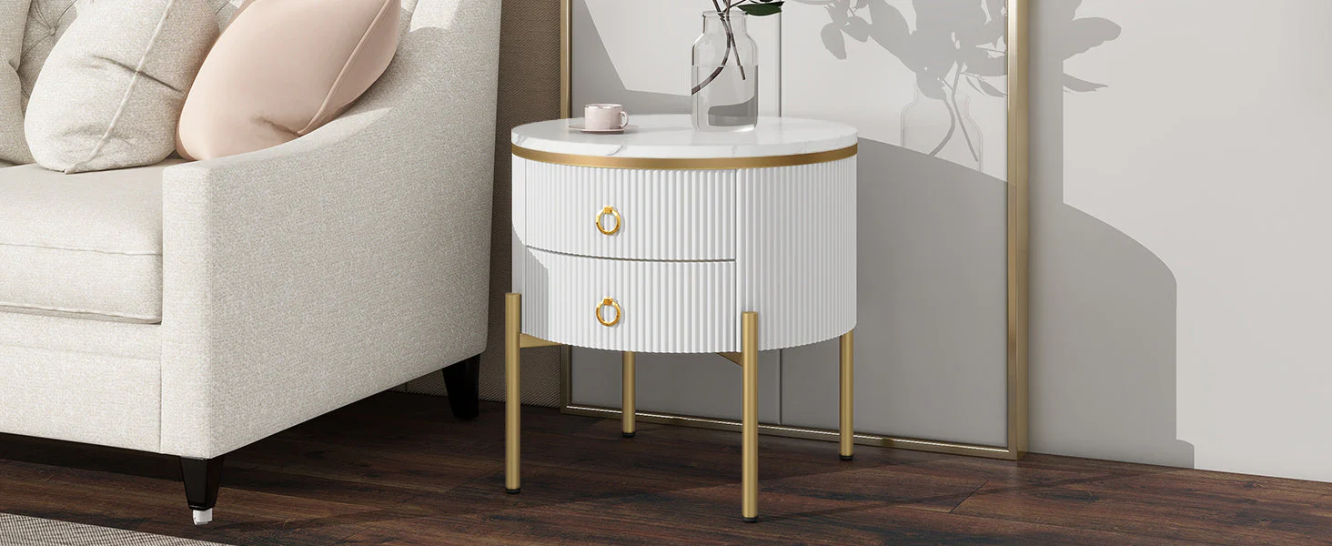 Side Table Coffee Table with Drawers, Adjustable, Gold Legs and Handles, Marble Texture - Image 6