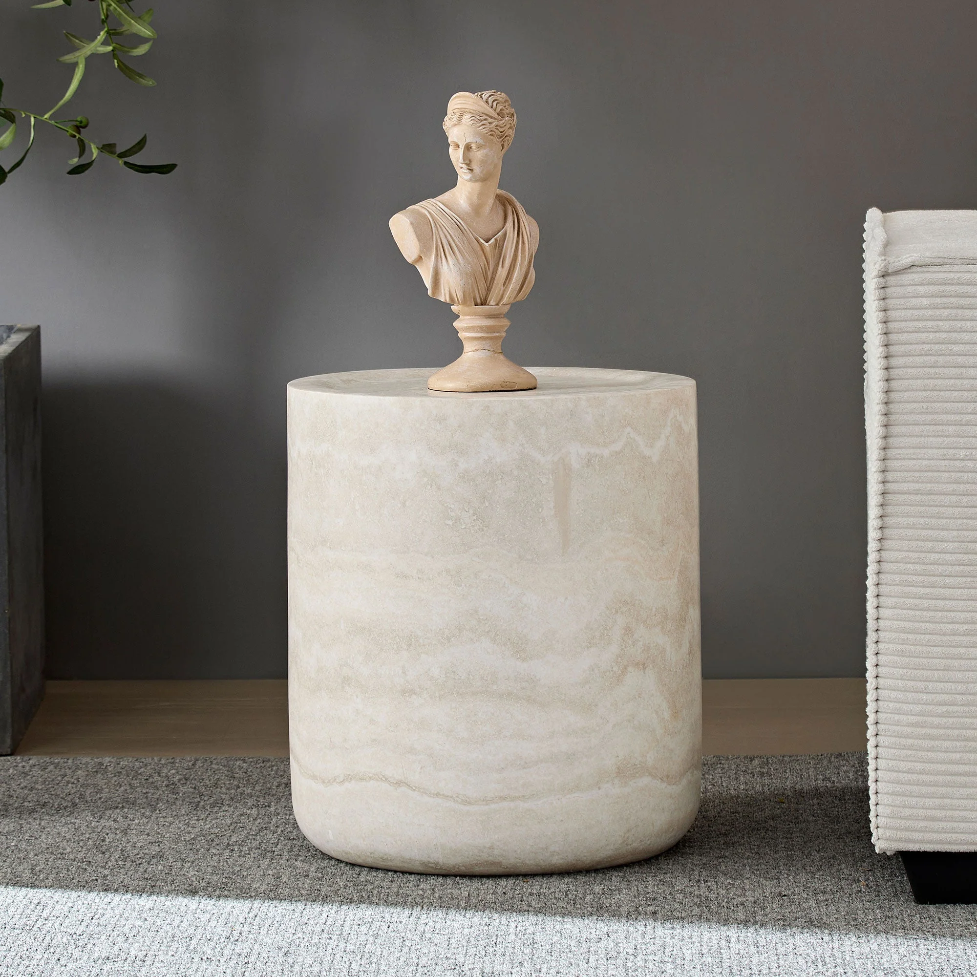 Side Table - Compact Textured Cylinder 40x40x45cm - Off-White Fiberglass - Image 4