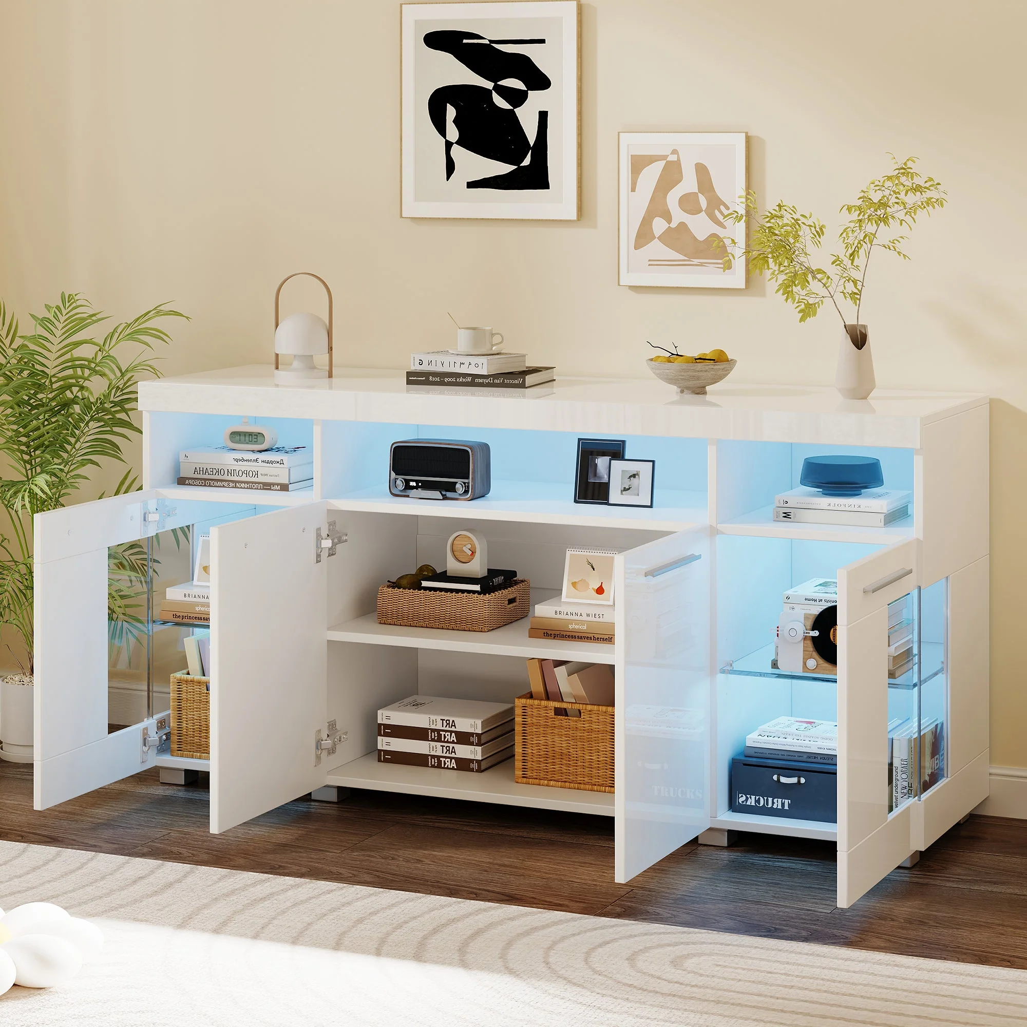 Side Table High-Gloss Sideboard 140x40x70cm LED Light 3 Compartments, White - Image 2