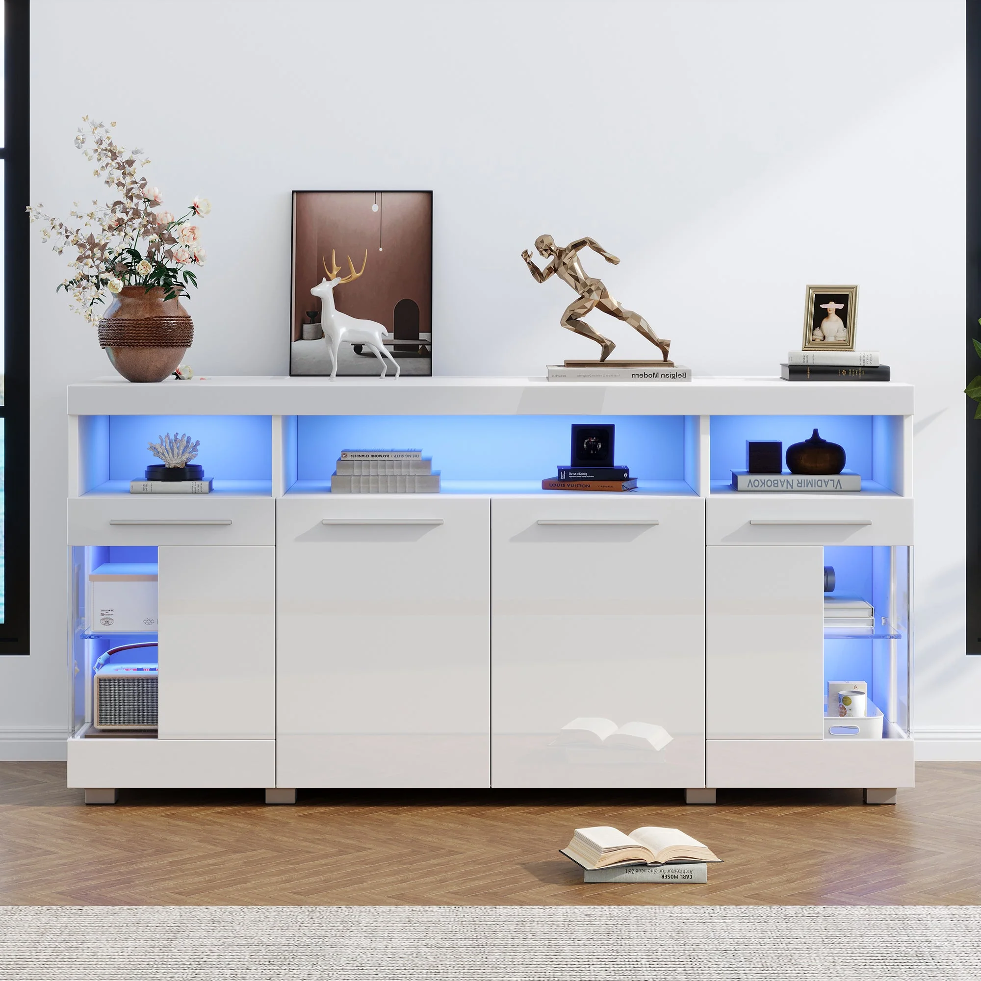 Side Table High-Gloss Sideboard 140x40x70cm LED Light 3 Compartments, White - Image 3