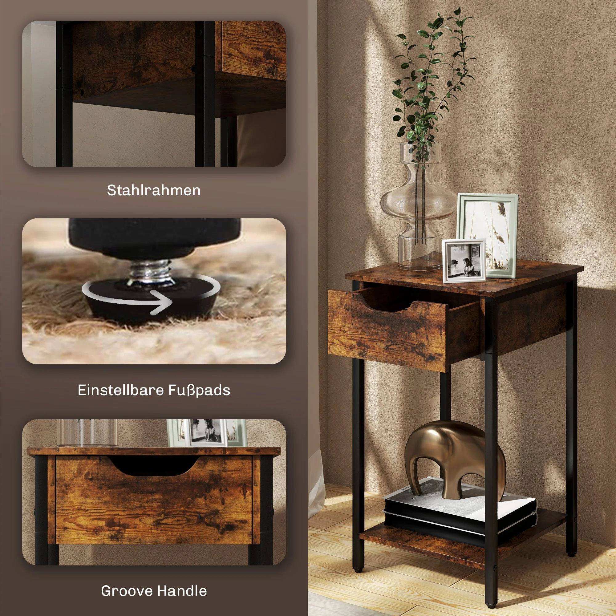 Side Table, Industrial Design Coffee Table with Steel Frame, Rustic Brown - Image 6