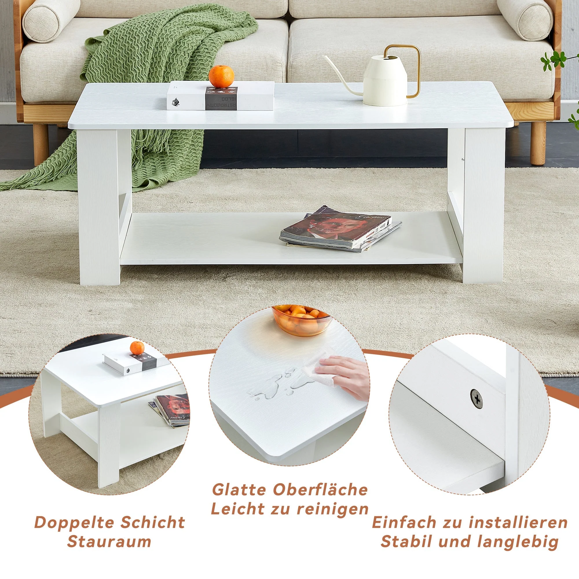 Side Table Modern Simple 110x55x42cm 2-Tier Storage White Wood Grain - Image 6