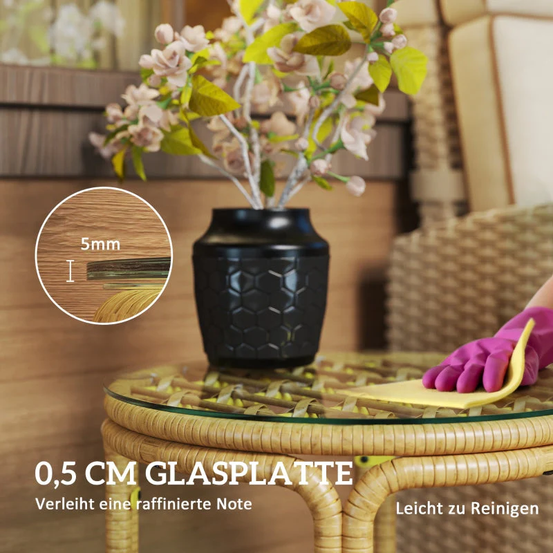 Side Table, Round Coffee Table, Glass Top, Polyrattan, Yellow - Image 6
