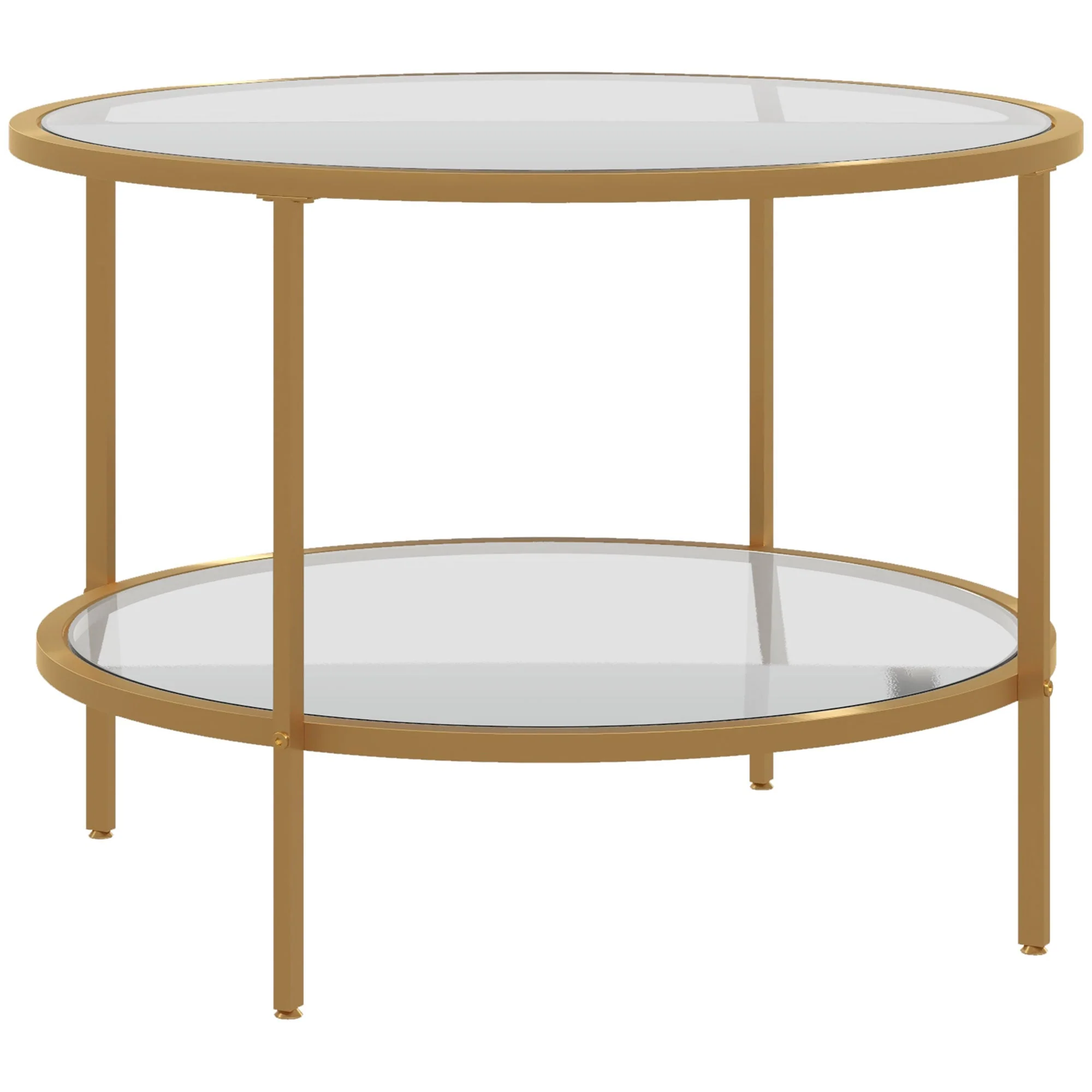 Side Table Round Coffee Table with Shelf, Steel, Gold - Image 2