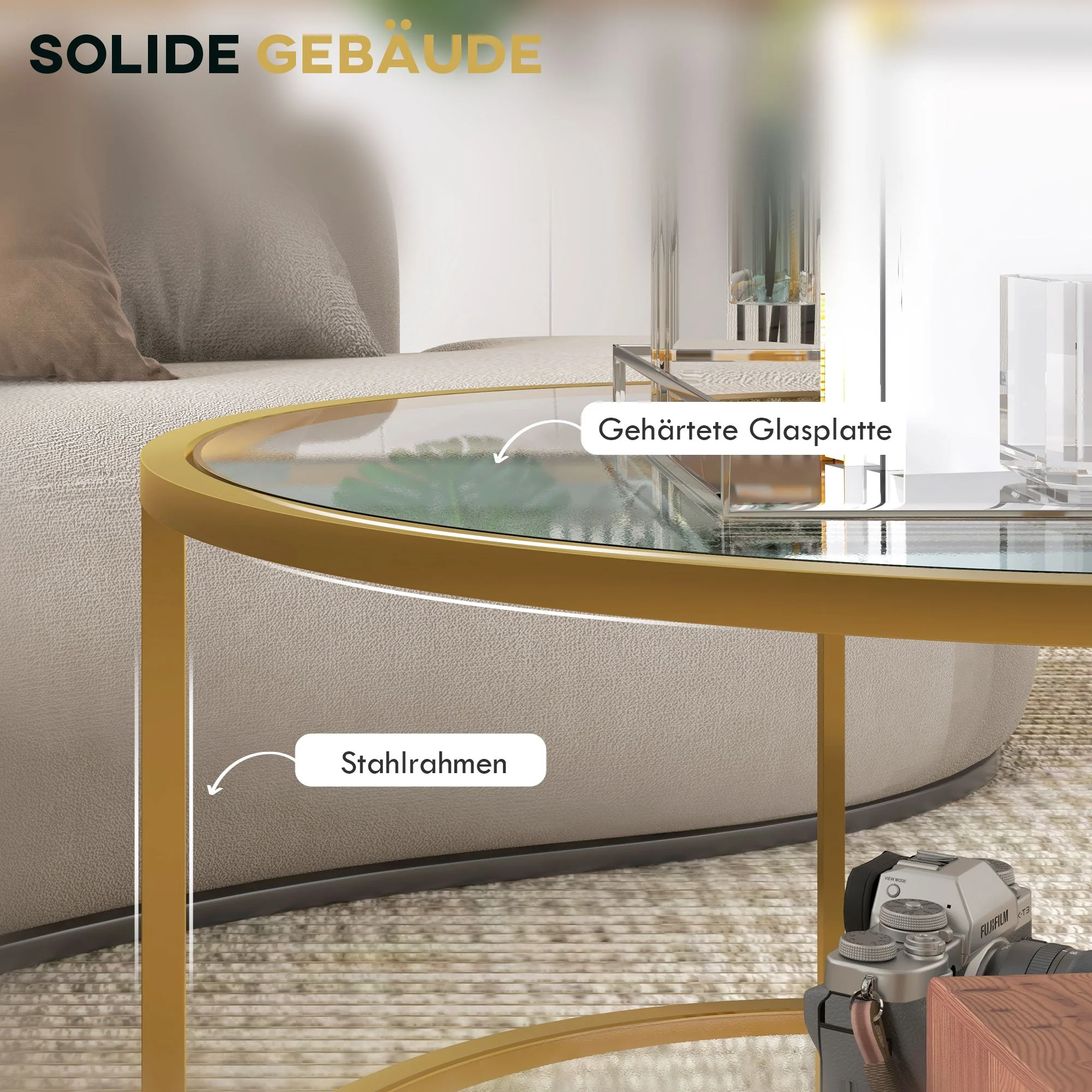 Side Table Round Coffee Table with Shelf, Steel, Gold - Image 5