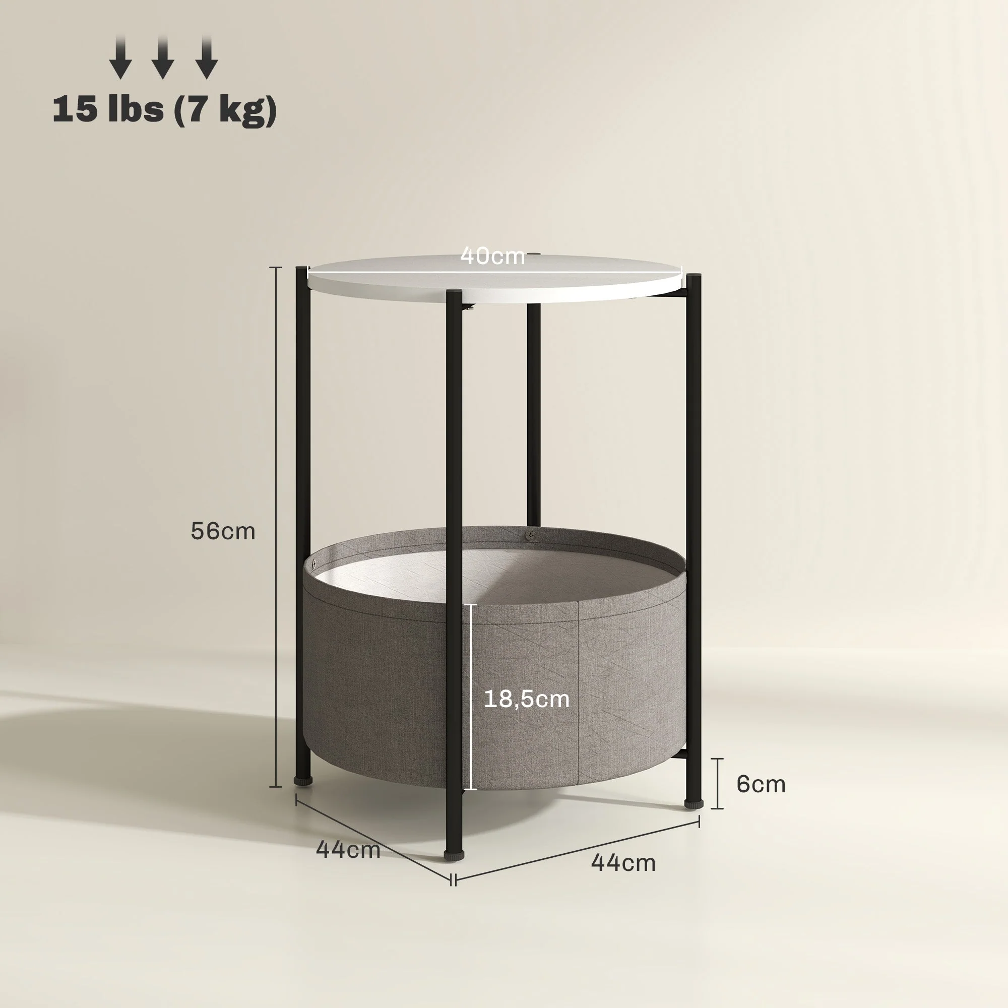 Side Table, Round Coffee Table with Storage, Steel, Grey+White - Image 3