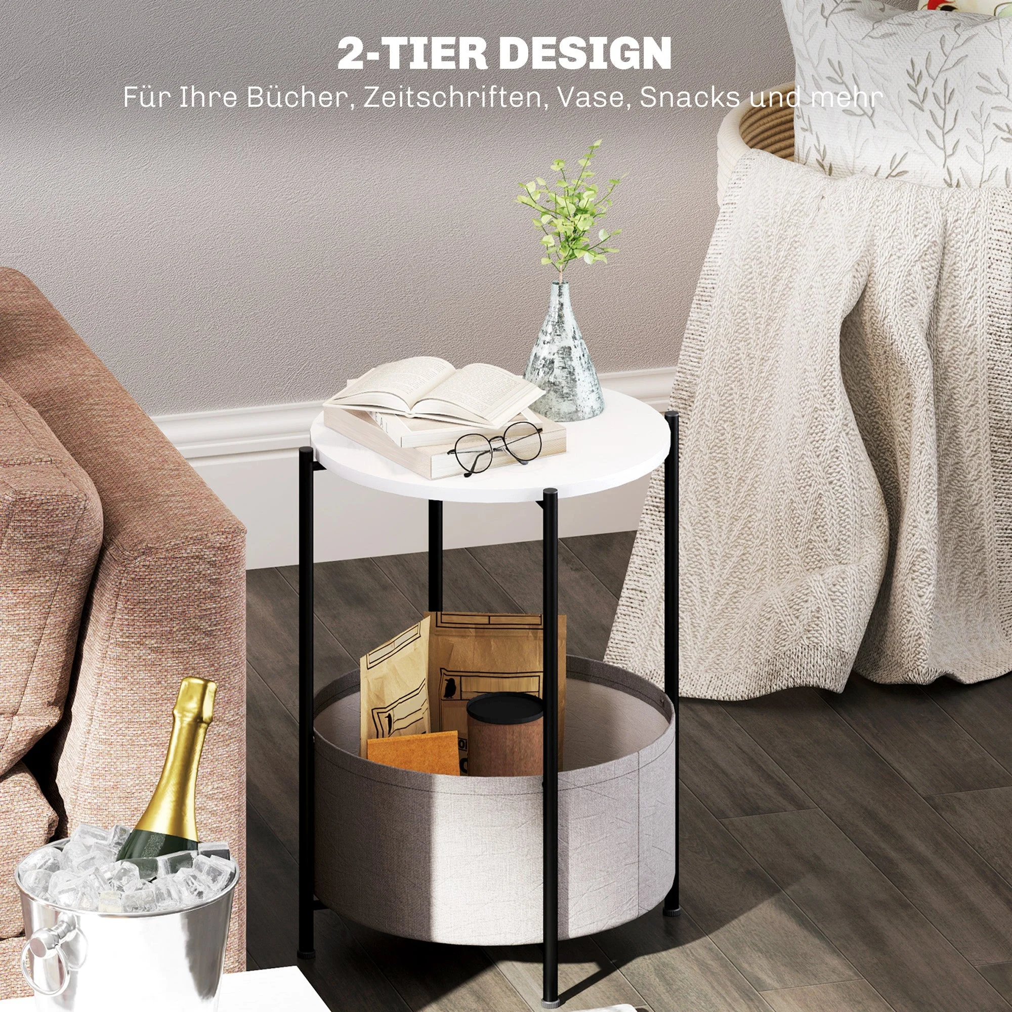 Side Table, Round Coffee Table with Storage, Steel, Grey+White - Image 4