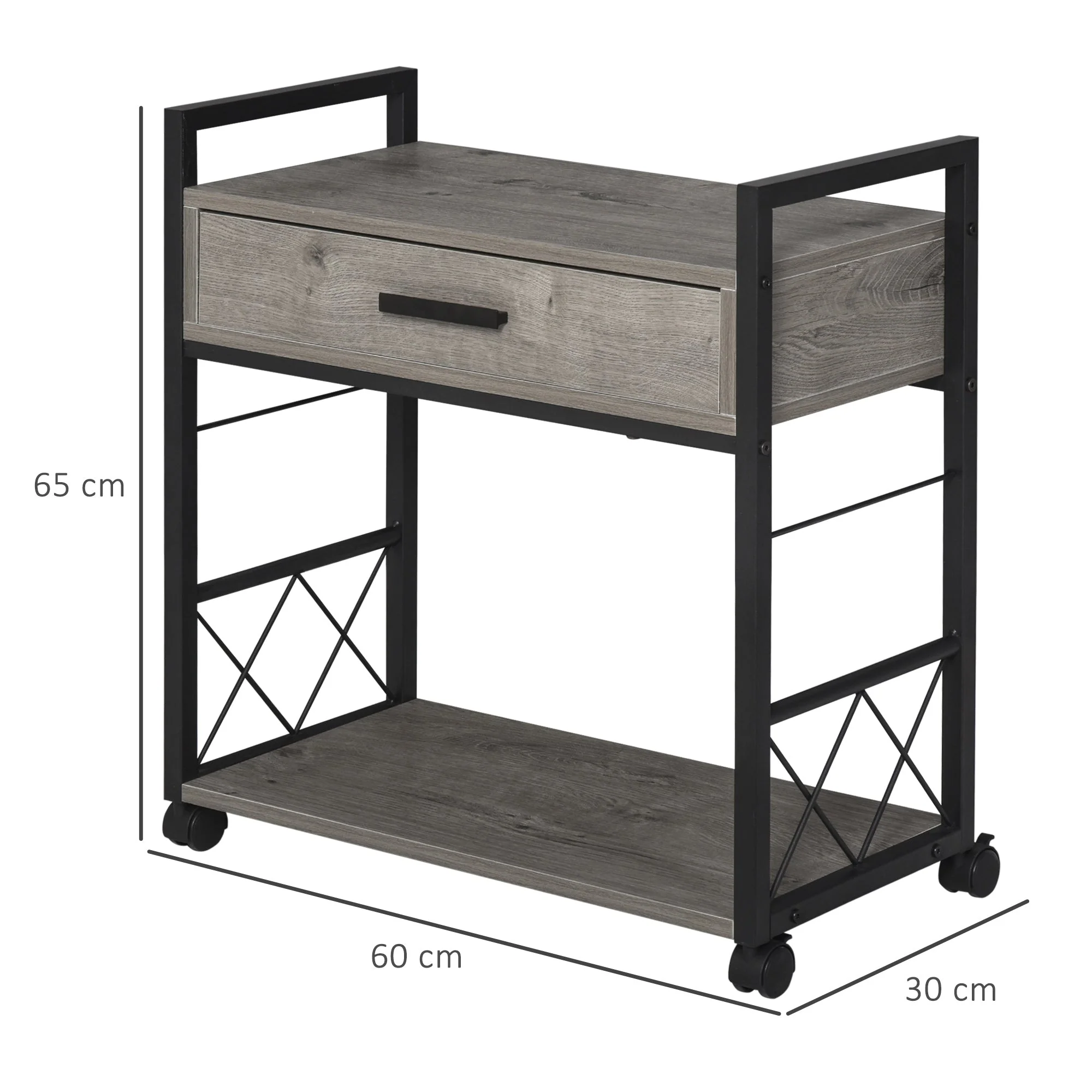 Side Table Serving Cart with Wheels, Drawer Storage, Grey - Image 3