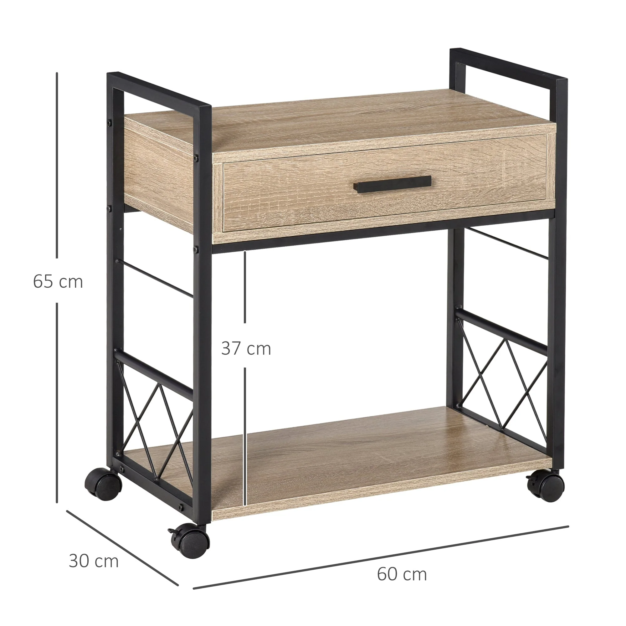 Side Table Serving Cart with Wheels, Drawer Storage, Natural Wood - Image 3