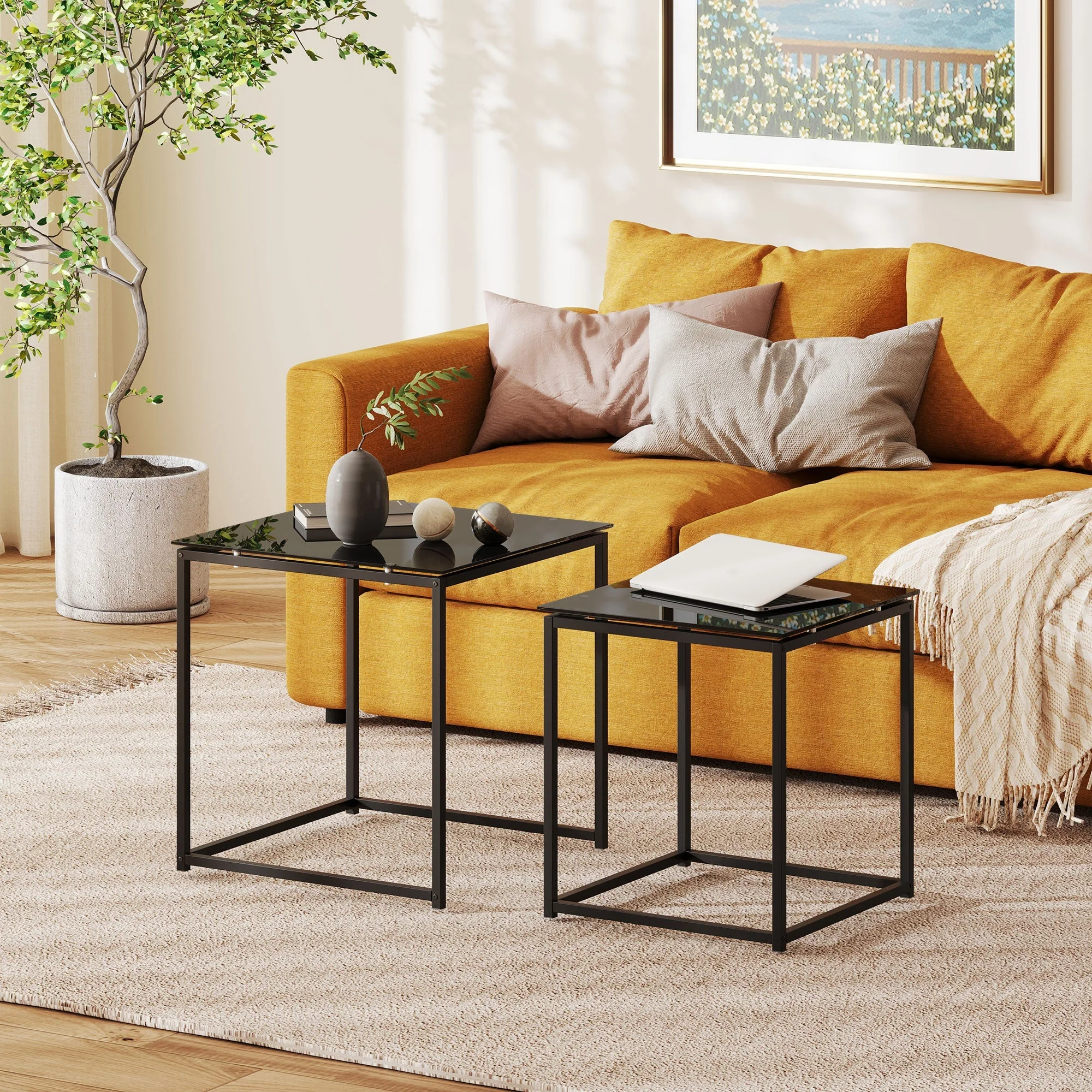 Side Table Set of 2, Coffee Table with Glass Top, Square, Black Steel