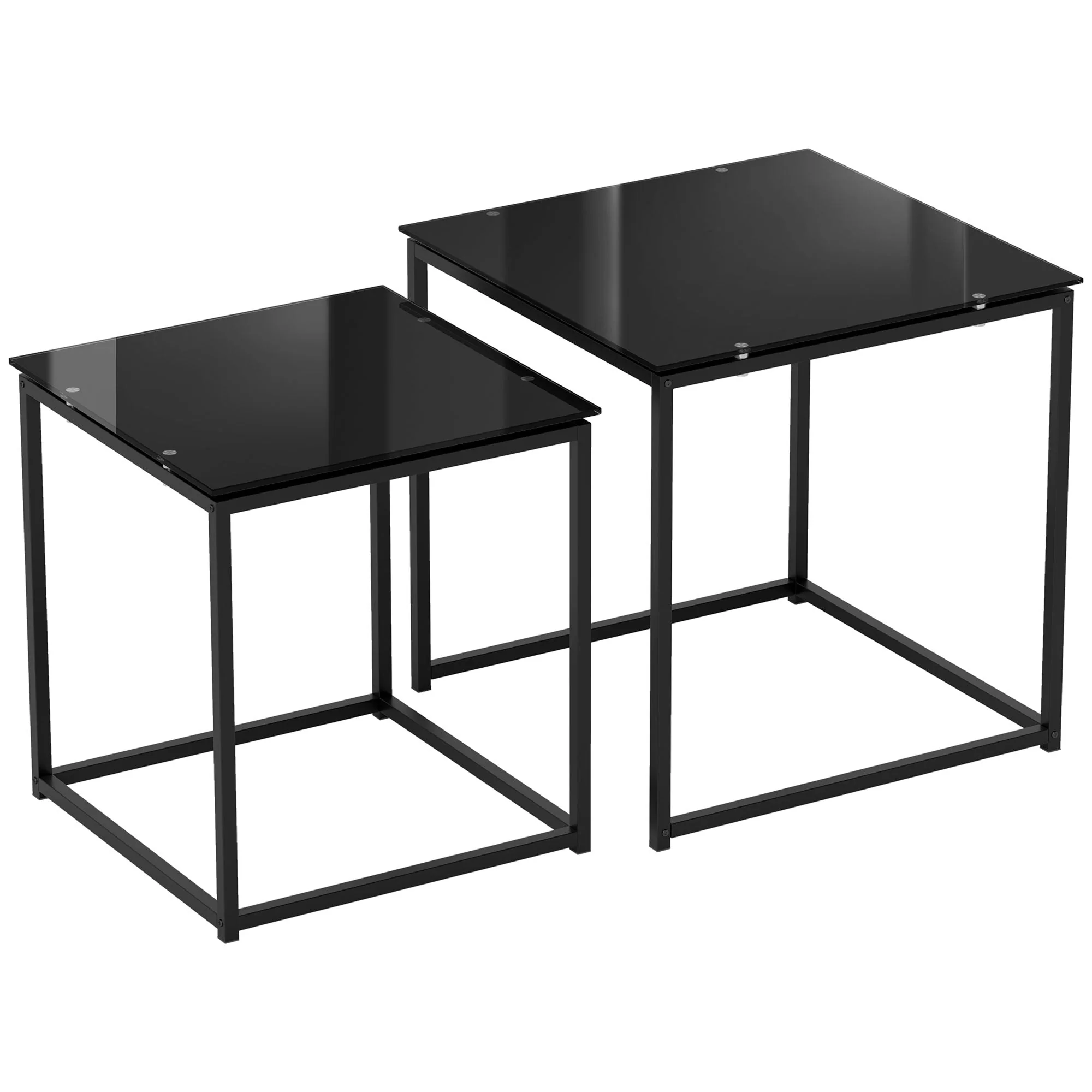 Side Table Set of 2, Coffee Table with Glass Top, Square, Black Steel - Image 2