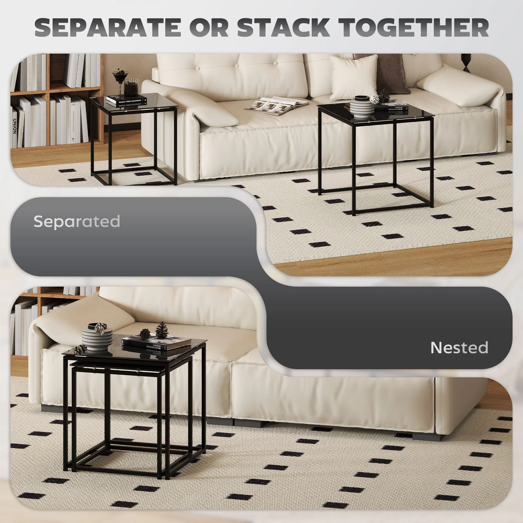 Side Table Set of 2, Coffee Table with Glass Top, Square, Black Steel - Image 4