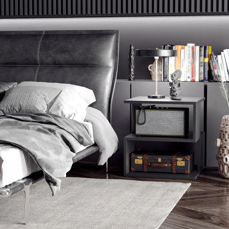 Side Table Square Modern 2-Tier Storage Shelves Black - Image 7
